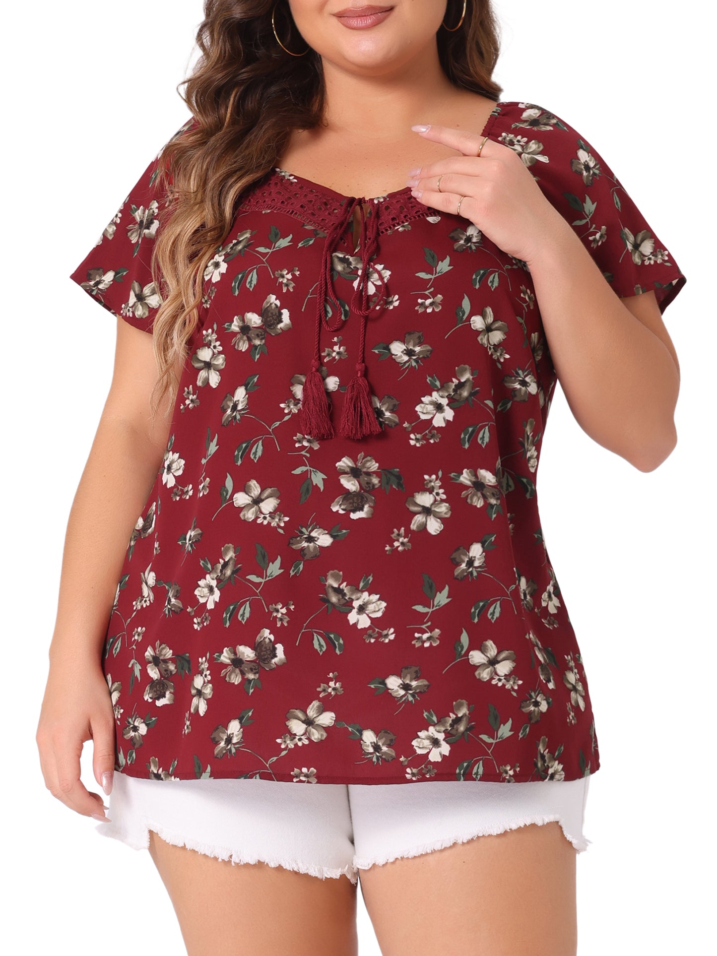 Women Plus Size Blouse Short Sleeve Tie Neck Floral Print Casual Top
