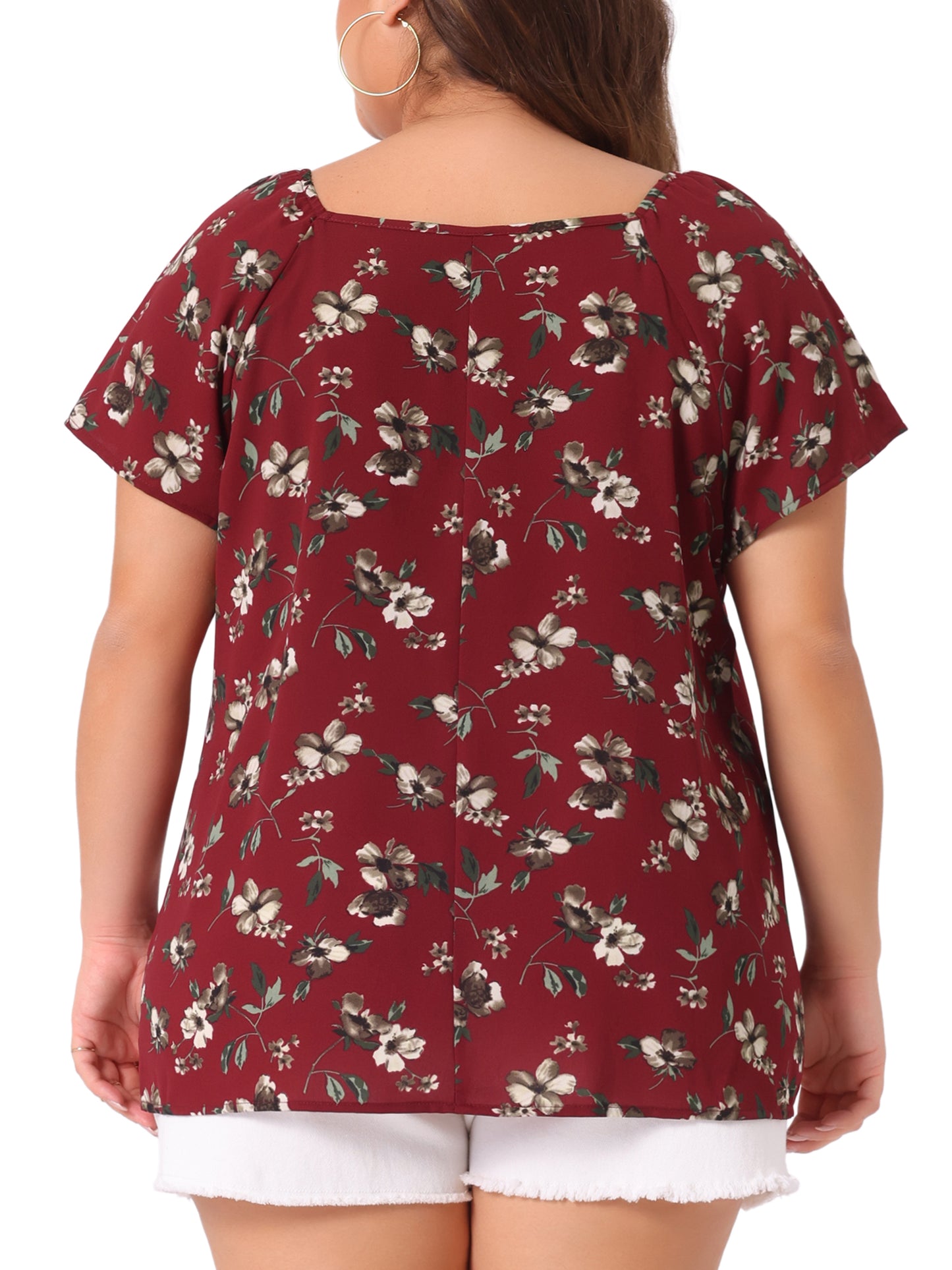 Women Plus Size Blouse Short Sleeve Tie Neck Floral Print Casual Top