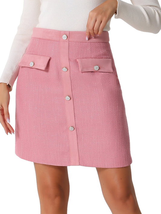 Minifalda de oficina elegante y ajustada con cintura alta y botones decorados de tweed para mujer