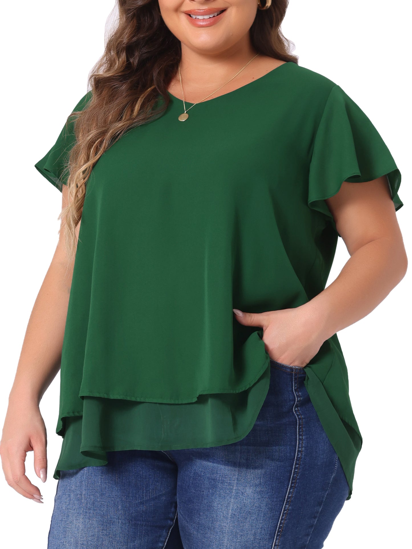 Women's Plus Size Summer Ruffle Short Sleeves V Neck Double Layered Hem Chiffon Blouse
