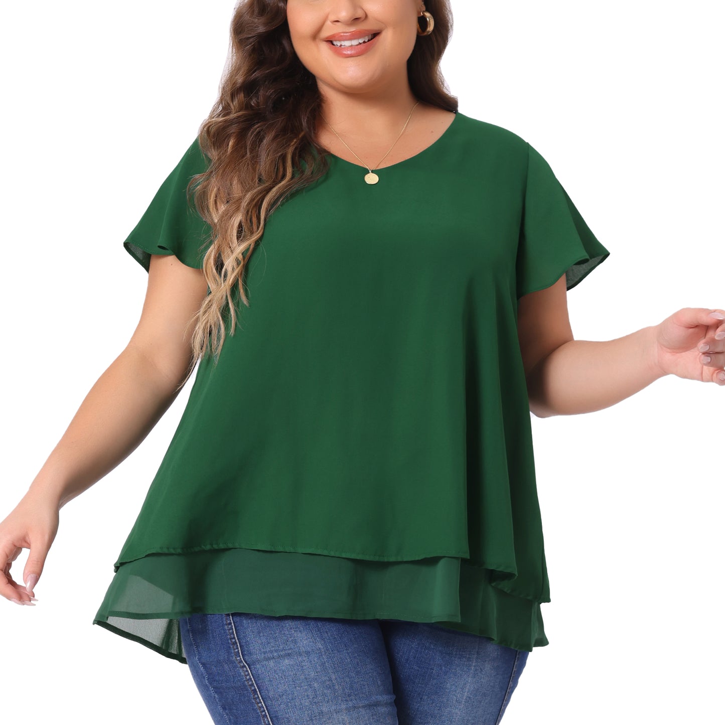 Women's Plus Size Summer Ruffle Short Sleeves V Neck Double Layered Hem Chiffon Blouse