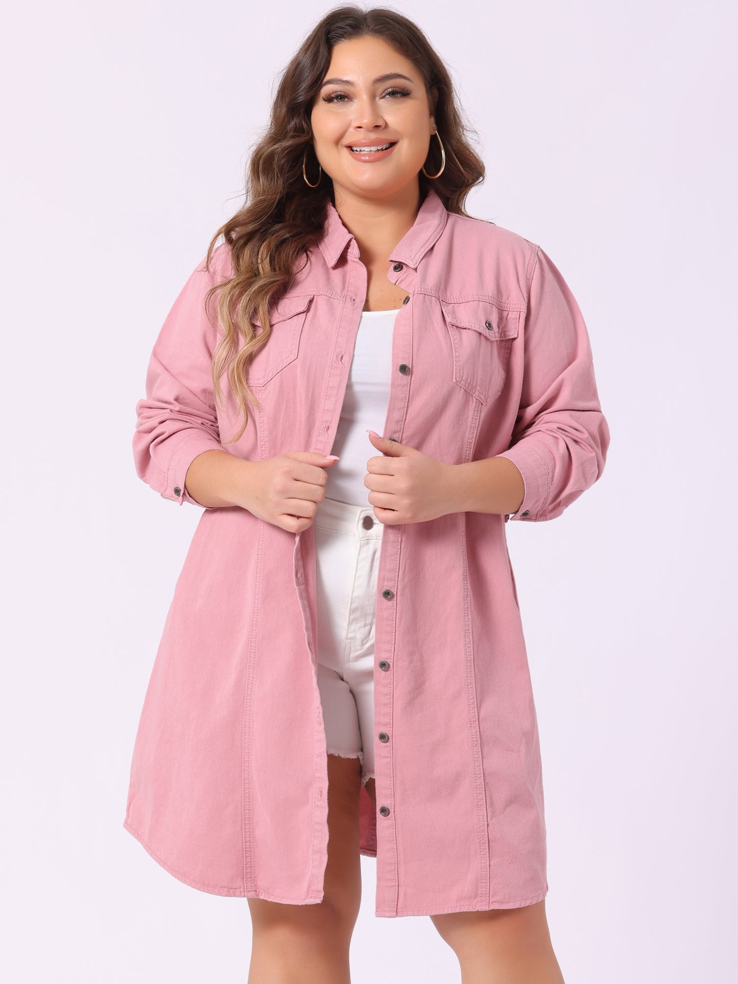 Women's Plus Size Denim Dress Midi Jean Shirt Button Down Long Sleeves Jeans Dress