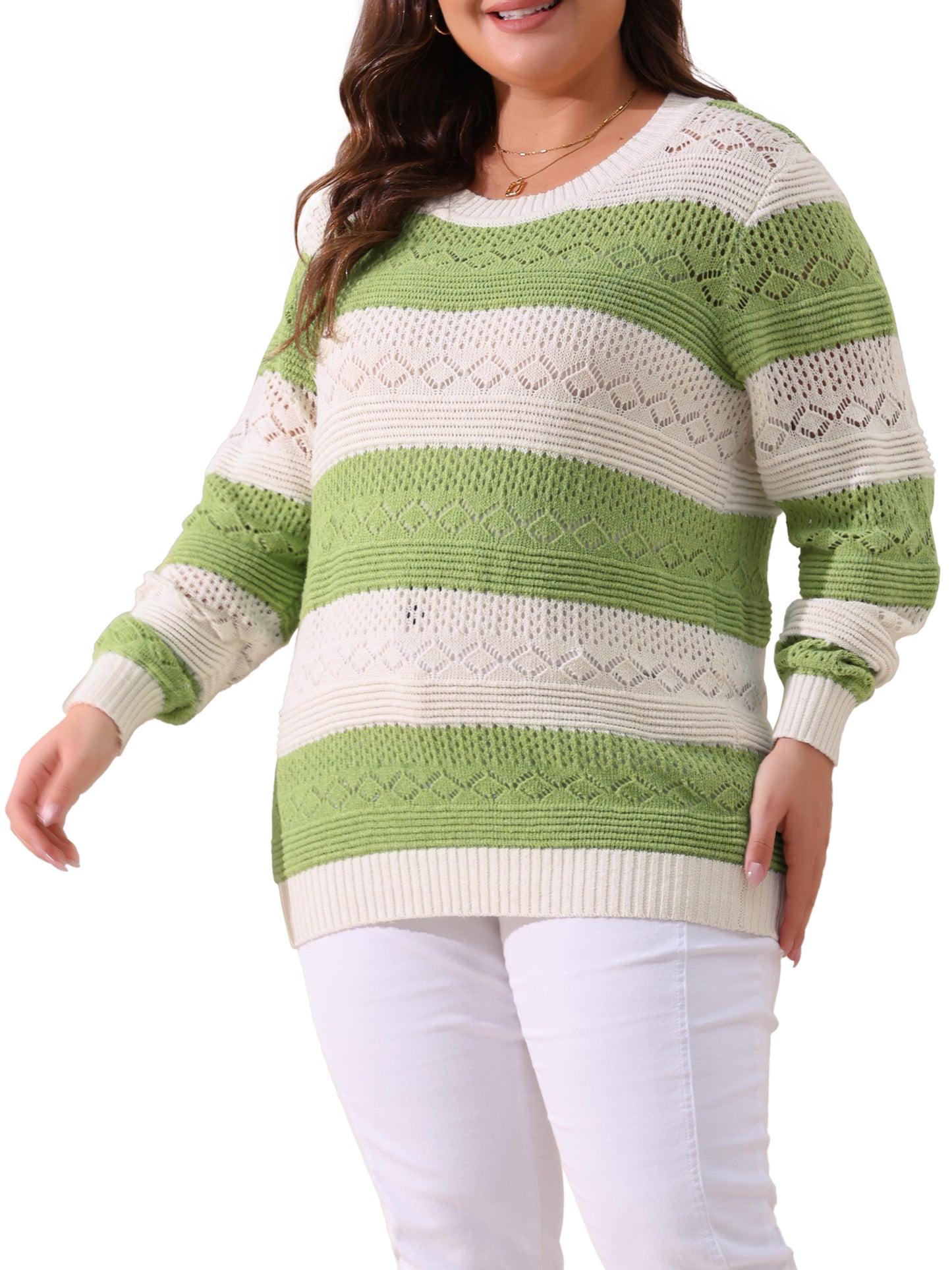 Women Plus Size Sweaters Casual Long Sleeve Crewneck Lightweight Hollow Knit Pullover Tops