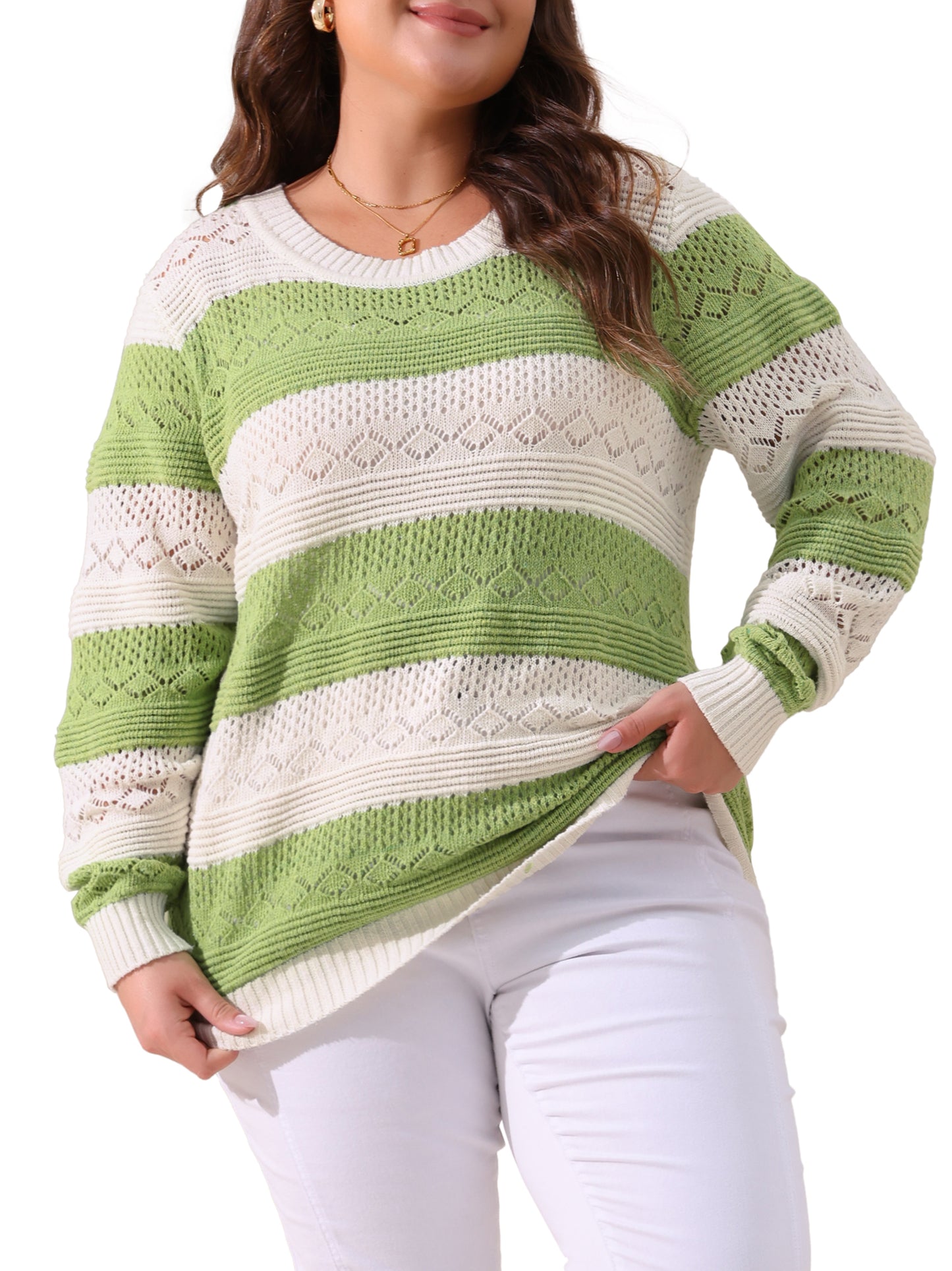 Women Plus Size Sweaters Casual Long Sleeve Crewneck Lightweight Hollow Knit Pullover Tops