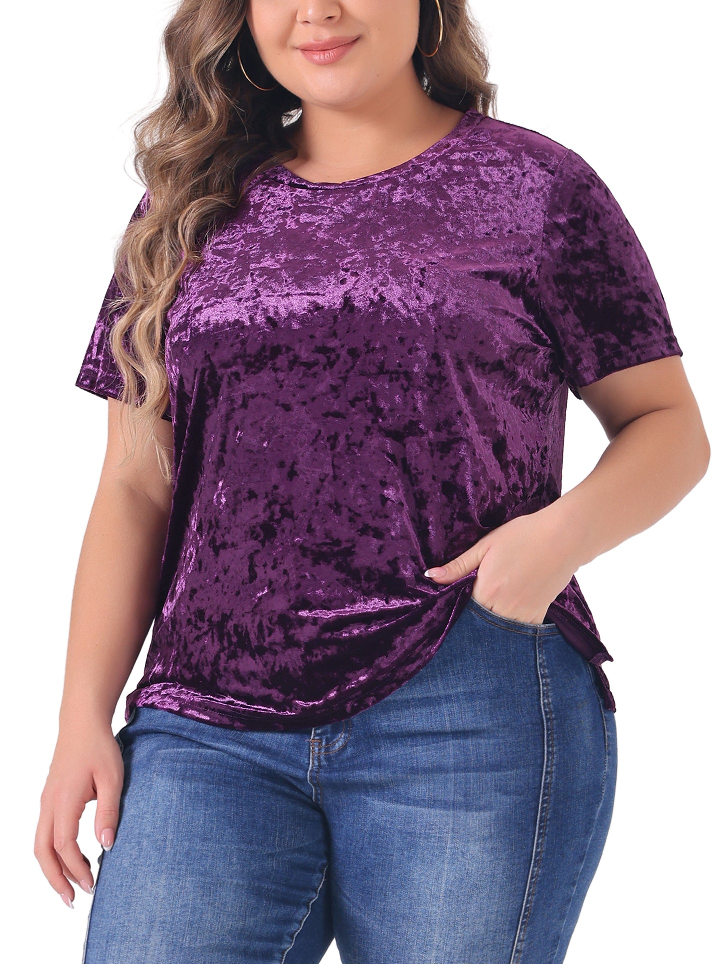 Women Plus Size Tops Crew Neck Short Sleeve Tee Tops Velvet T-Shirt