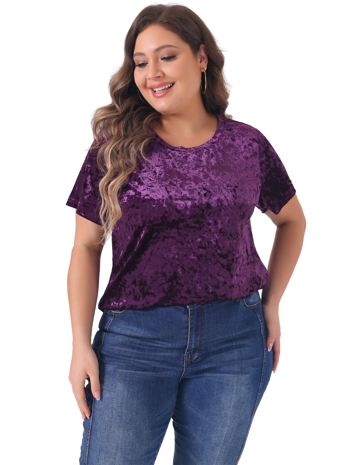 Women Plus Size Tops Crew Neck Short Sleeve Tee Tops Velvet T-Shirt