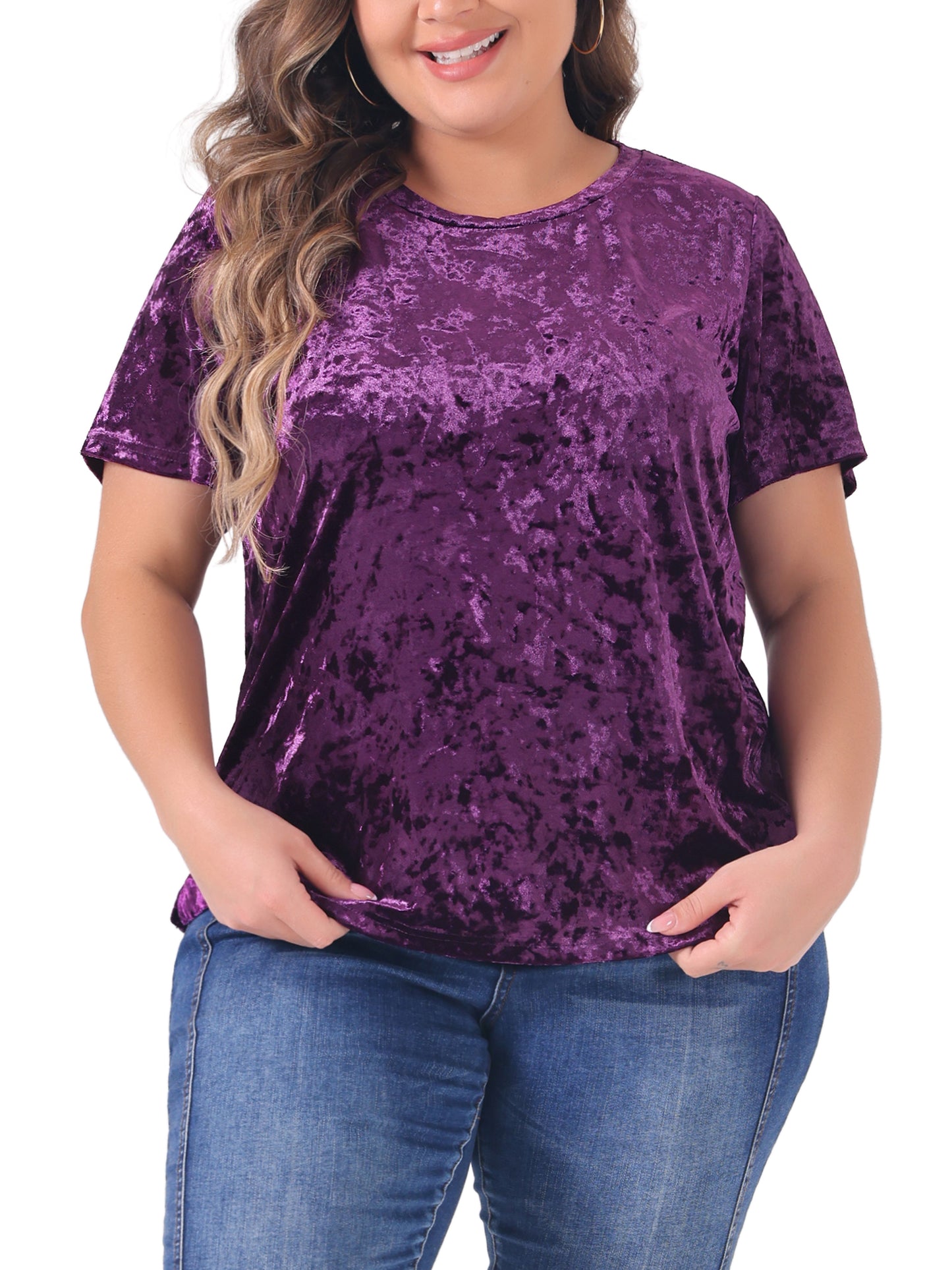 Women Plus Size Tops Crew Neck Short Sleeve Tee Tops Velvet T-Shirt