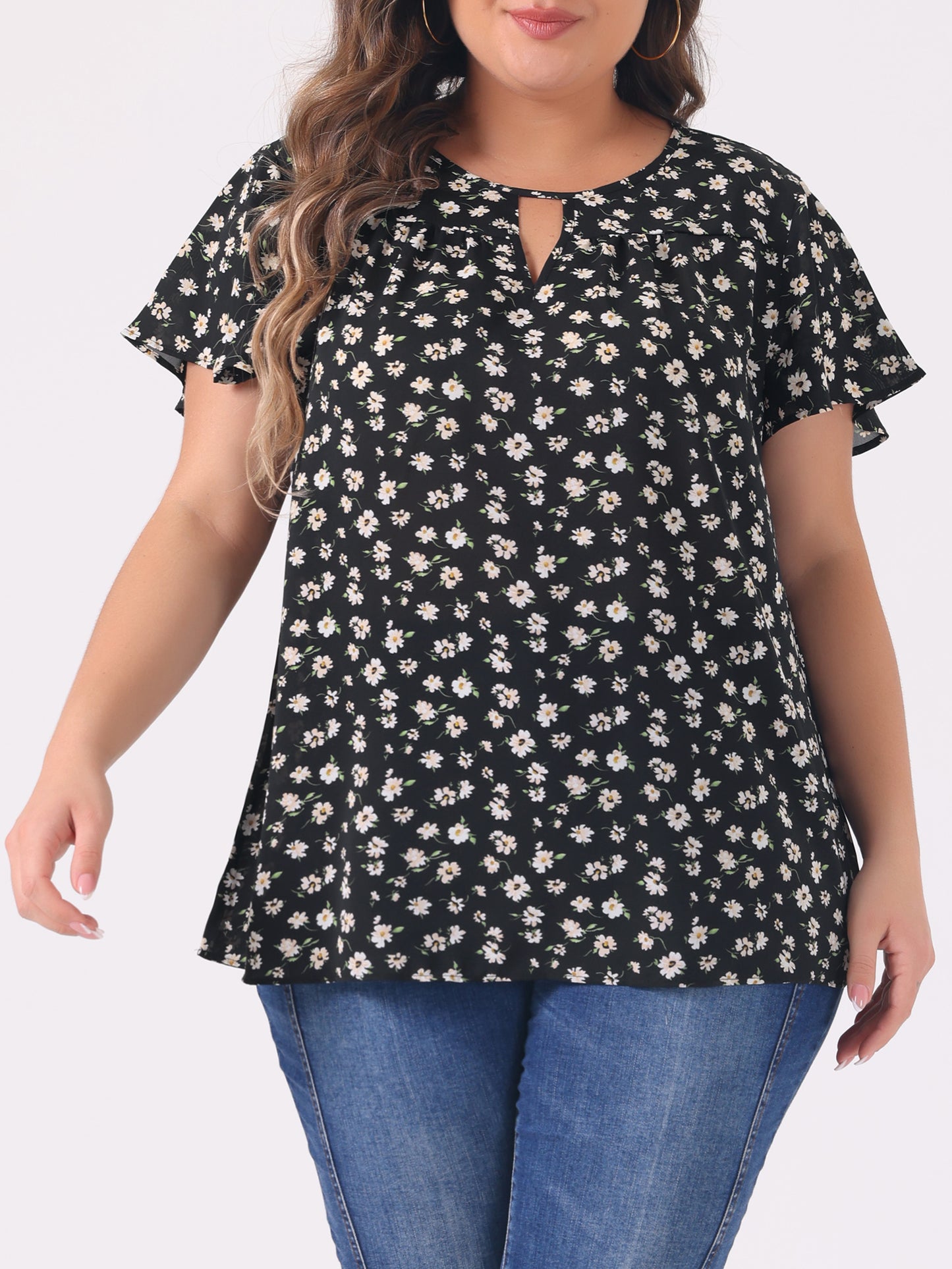 Women's Plus Size Blouses Summer Ruffle Short Sleeve Shirts Keyhole Chiffon Top