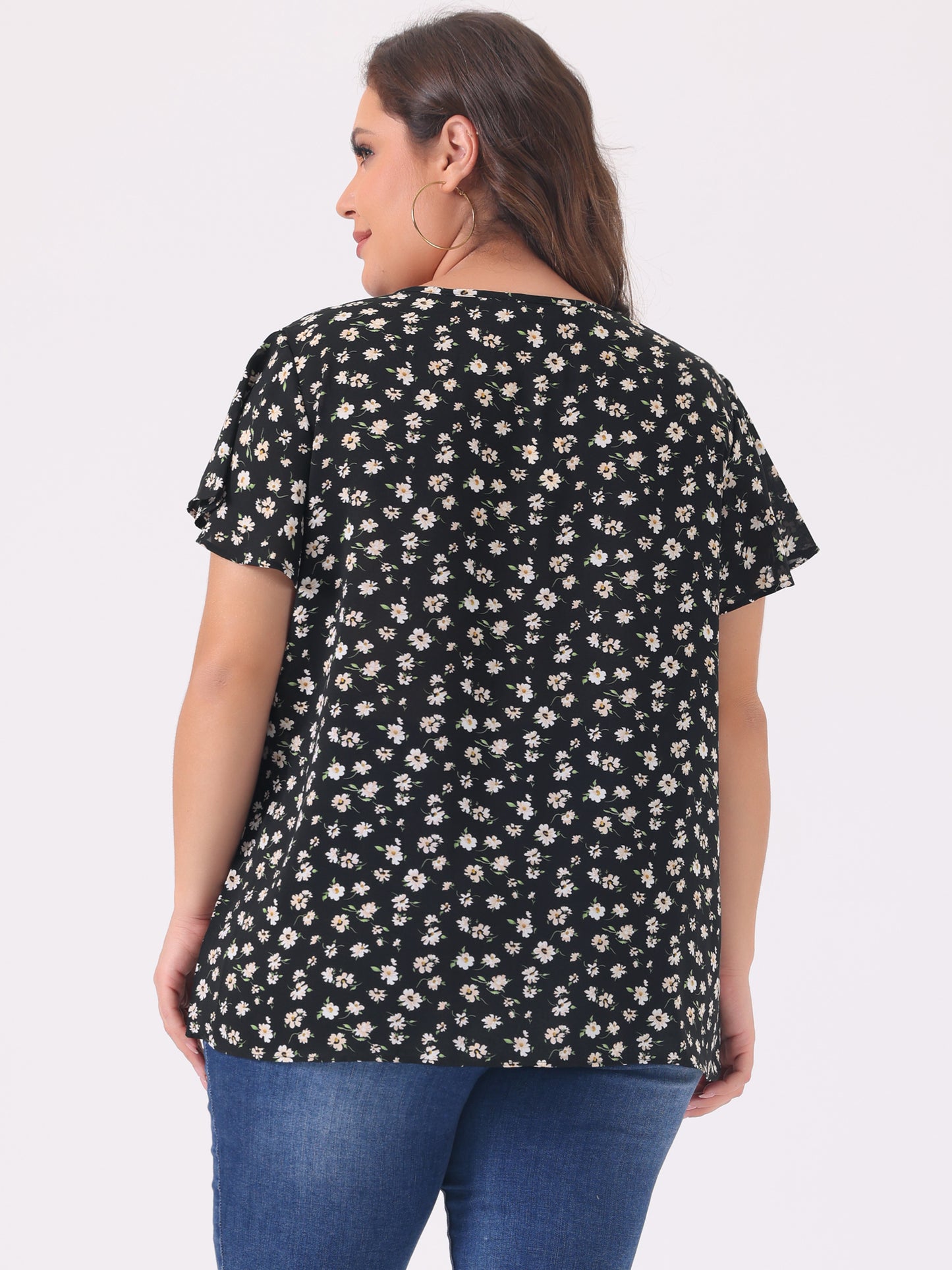 Women's Plus Size Blouses Summer Ruffle Short Sleeve Shirts Keyhole Chiffon Top