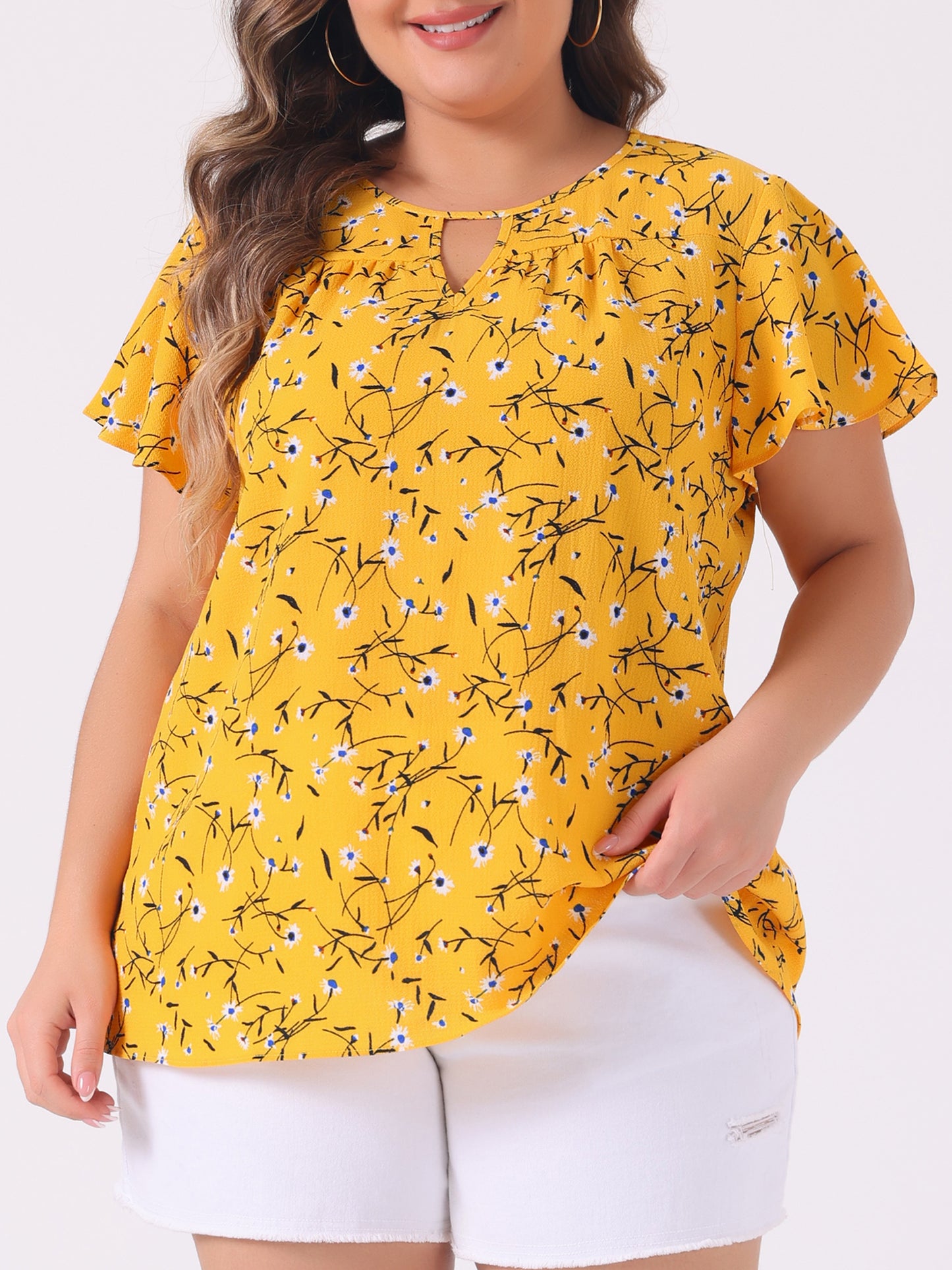 Women's Plus Size Blouses Summer Ruffle Short Sleeve Shirts Keyhole Chiffon Top