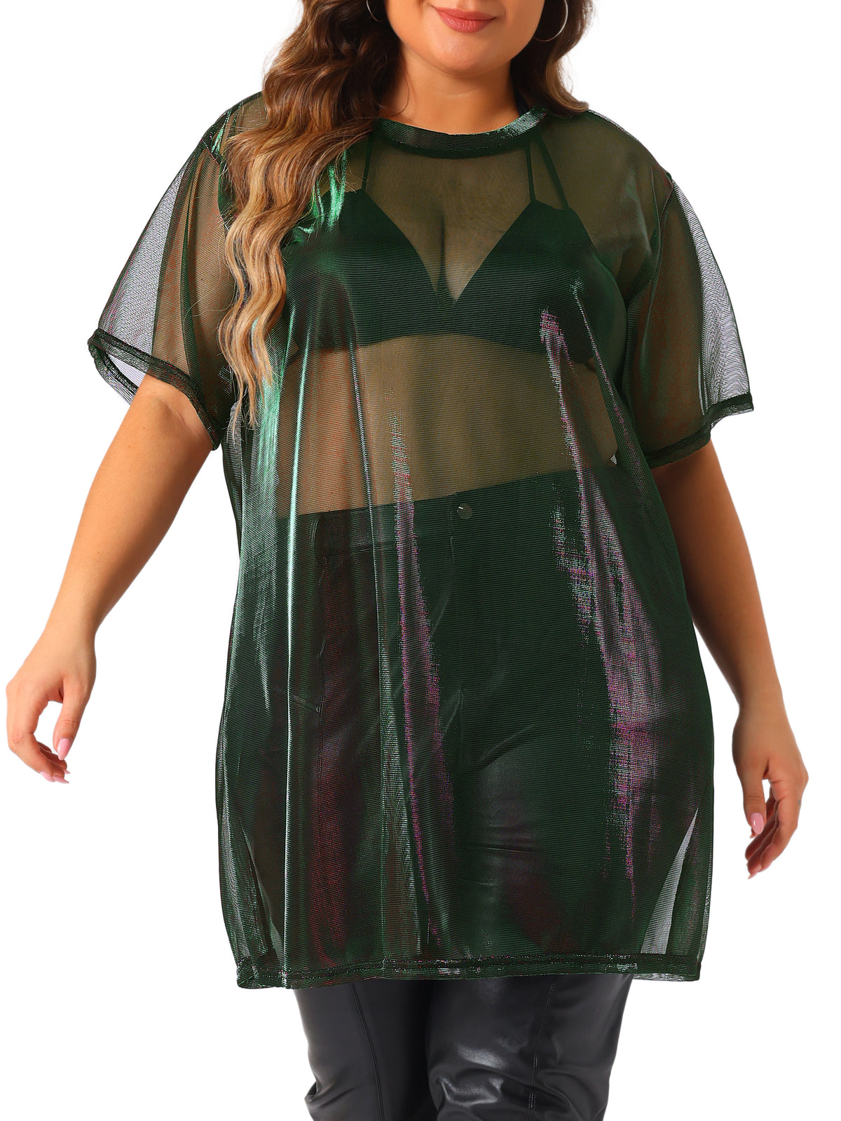 Women Plus Size Sheer Mesh Tops See Through Sexy Holographic Party Long Tee