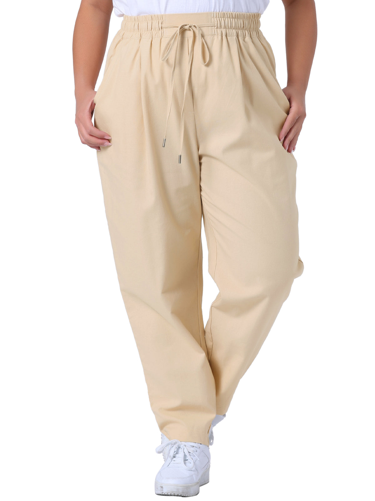 Women Plus Size Pants Straight Leg Drawstring Elastic Work Loose Trousers with Pockets