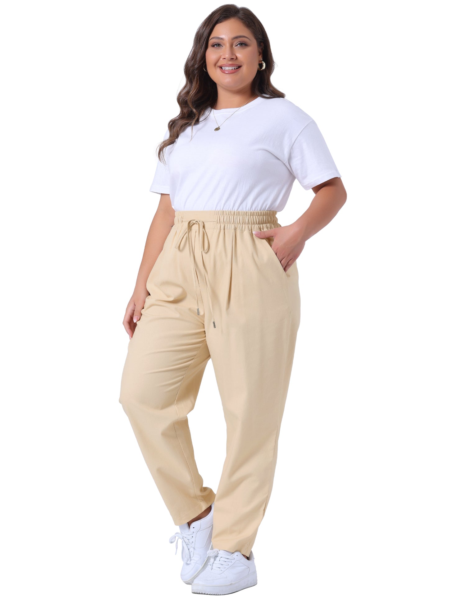 Women Plus Size Pants Straight Leg Drawstring Elastic Work Loose Trousers with Pockets