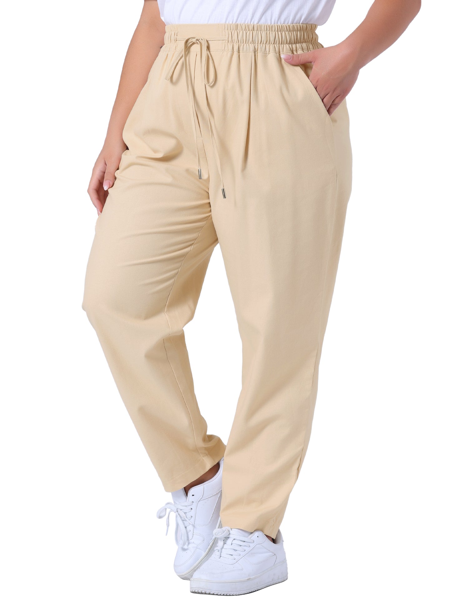 Women Plus Size Pants Straight Leg Drawstring Elastic Work Loose Trousers with Pockets