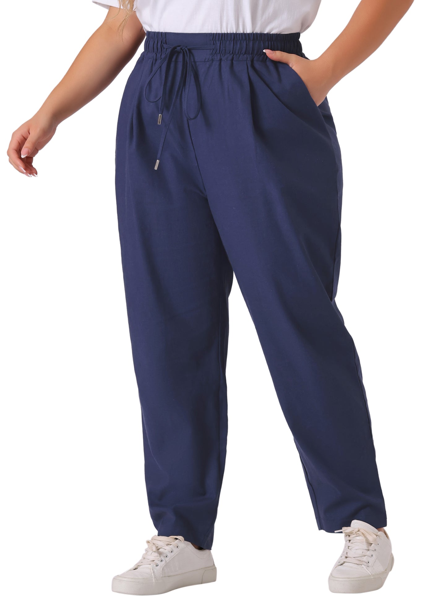 Women Plus Size Pants Straight Leg Drawstring Elastic Work Loose Trousers with Pockets
