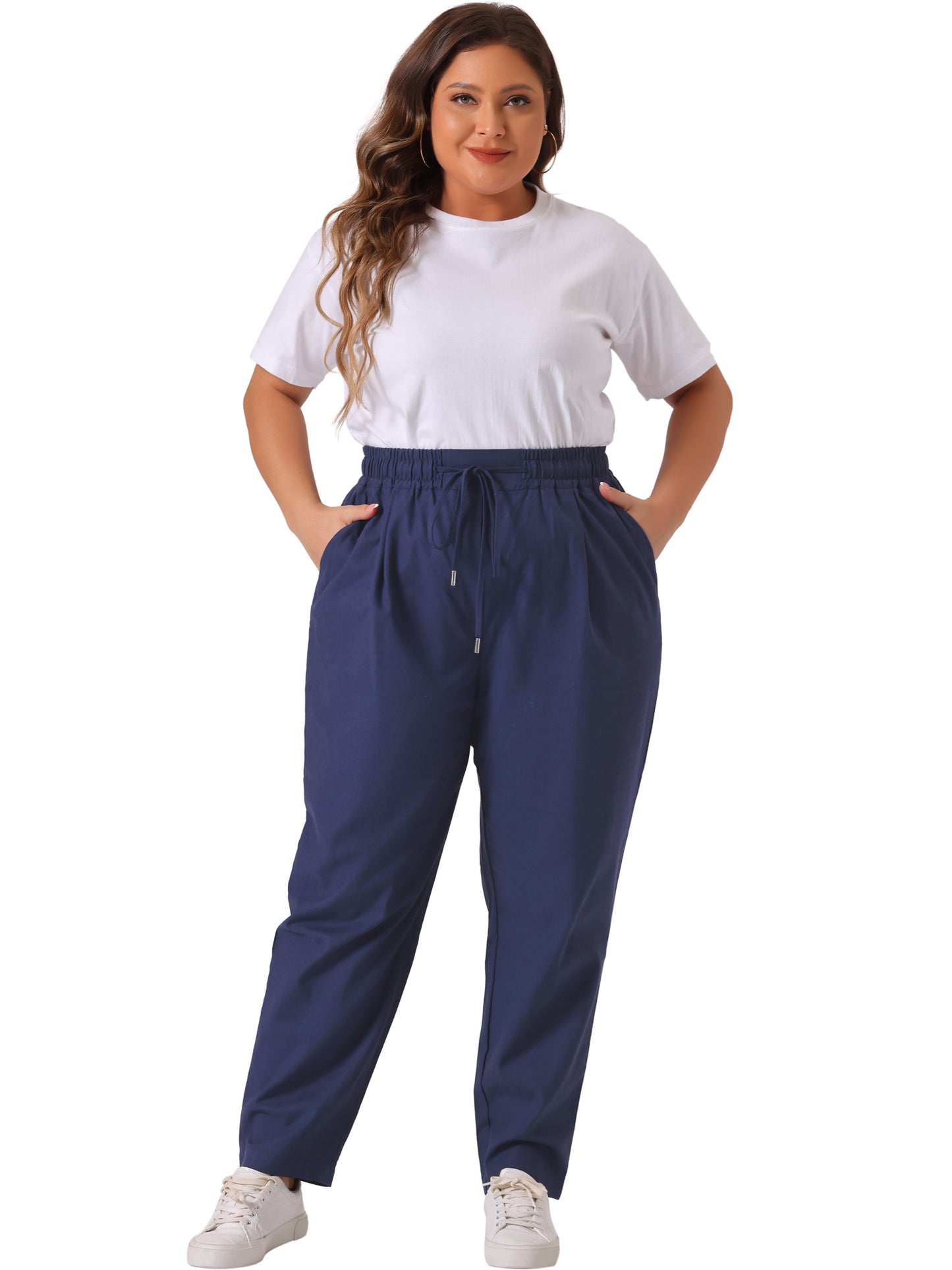 Women Plus Size Pants Straight Leg Drawstring Elastic Work Loose Trousers with Pockets