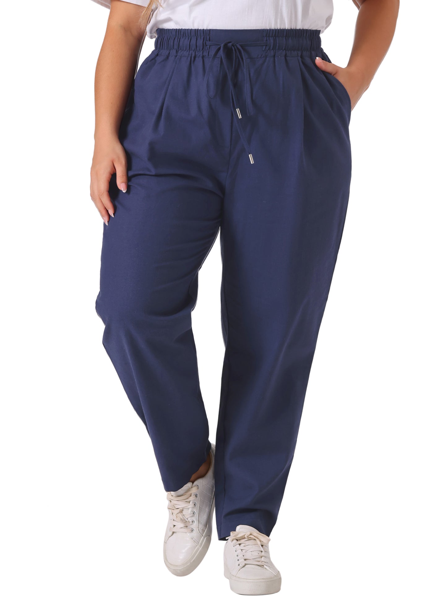 Women Plus Size Pants Straight Leg Drawstring Elastic Work Loose Trousers with Pockets