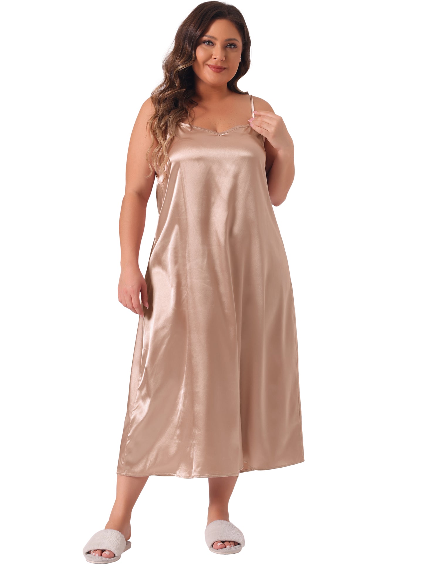Women Plus Size Nightgown V Neck Satin Pajamas Sleeveless Cami Slip Dress Sleepwear
