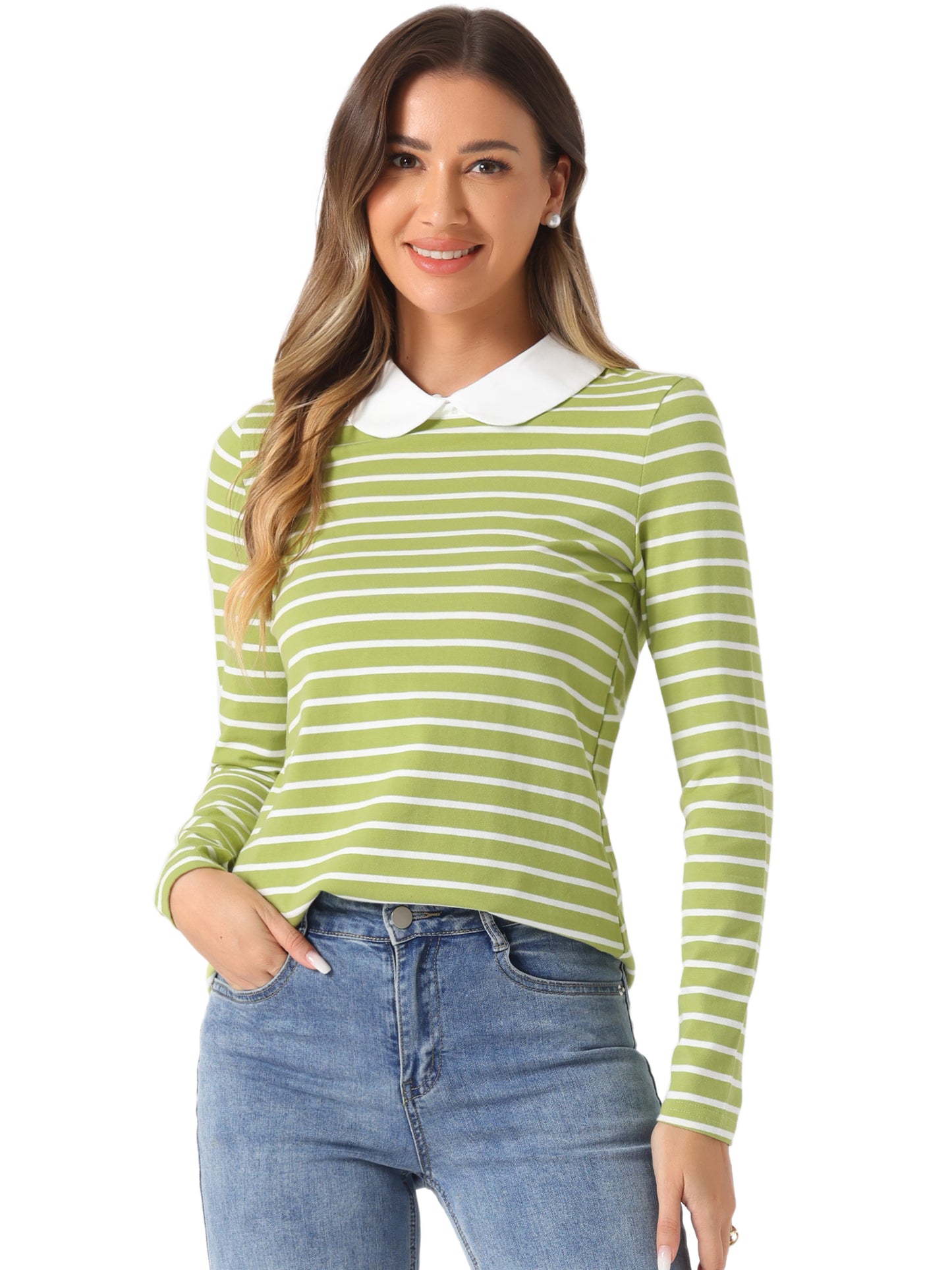 Women's Contrast Collar Long Sleeves Peter Pan Collar Striped Shirt Top