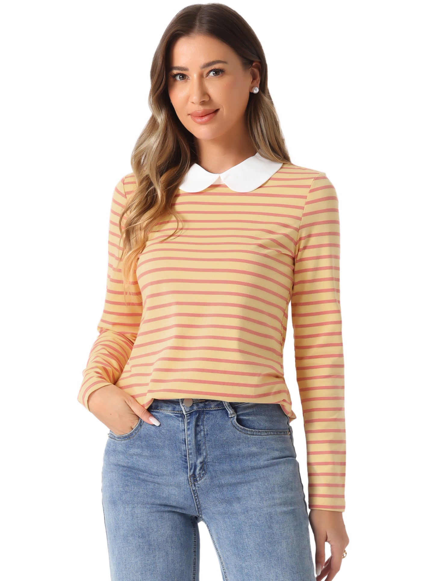 Women's Contrast Collar Long Sleeves Peter Pan Collar Striped Shirt Top