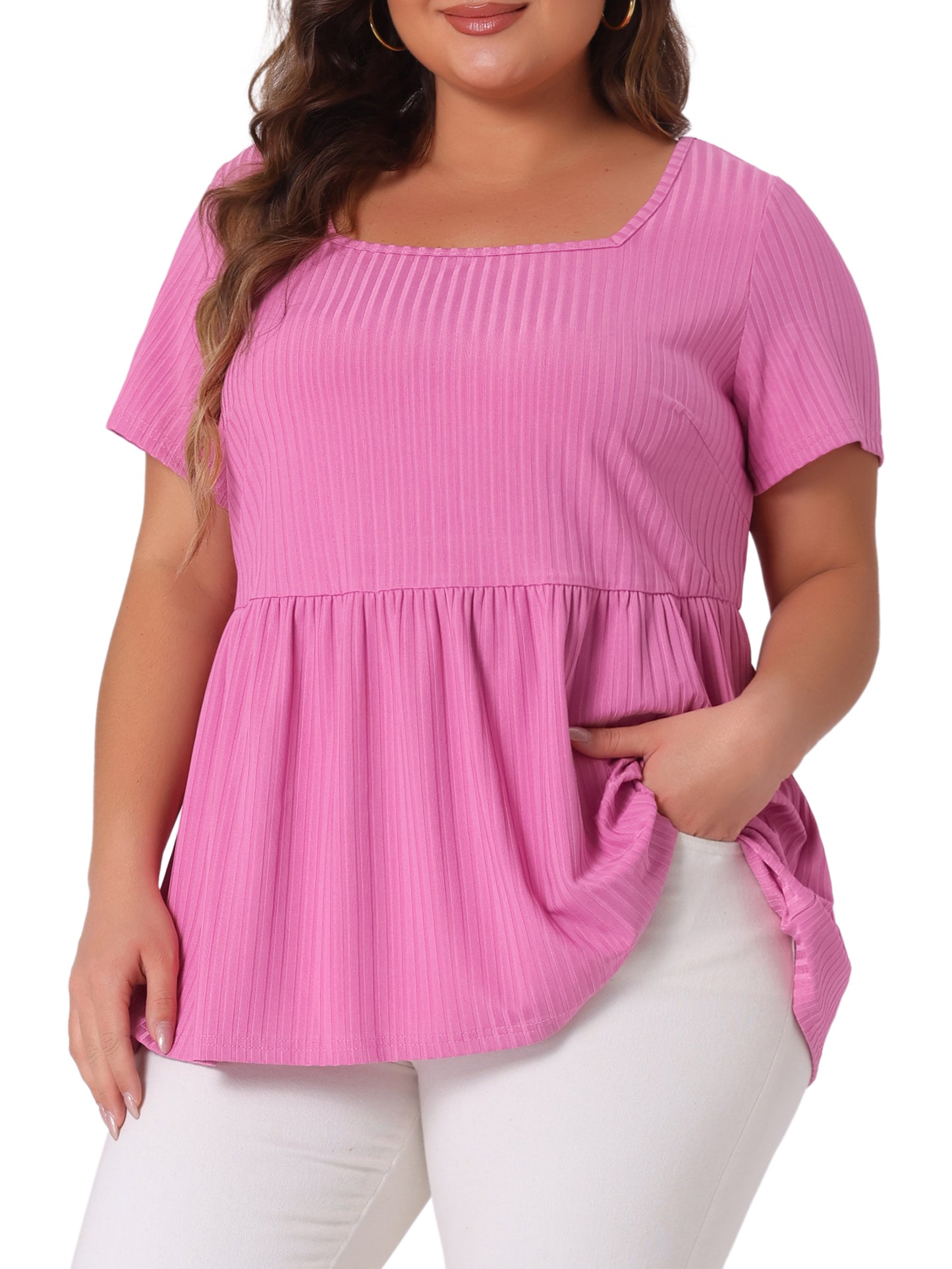 Women's Plus Size Tee Shirts Square Neck Textured Printed Peplum Summer Short Sleeve Top