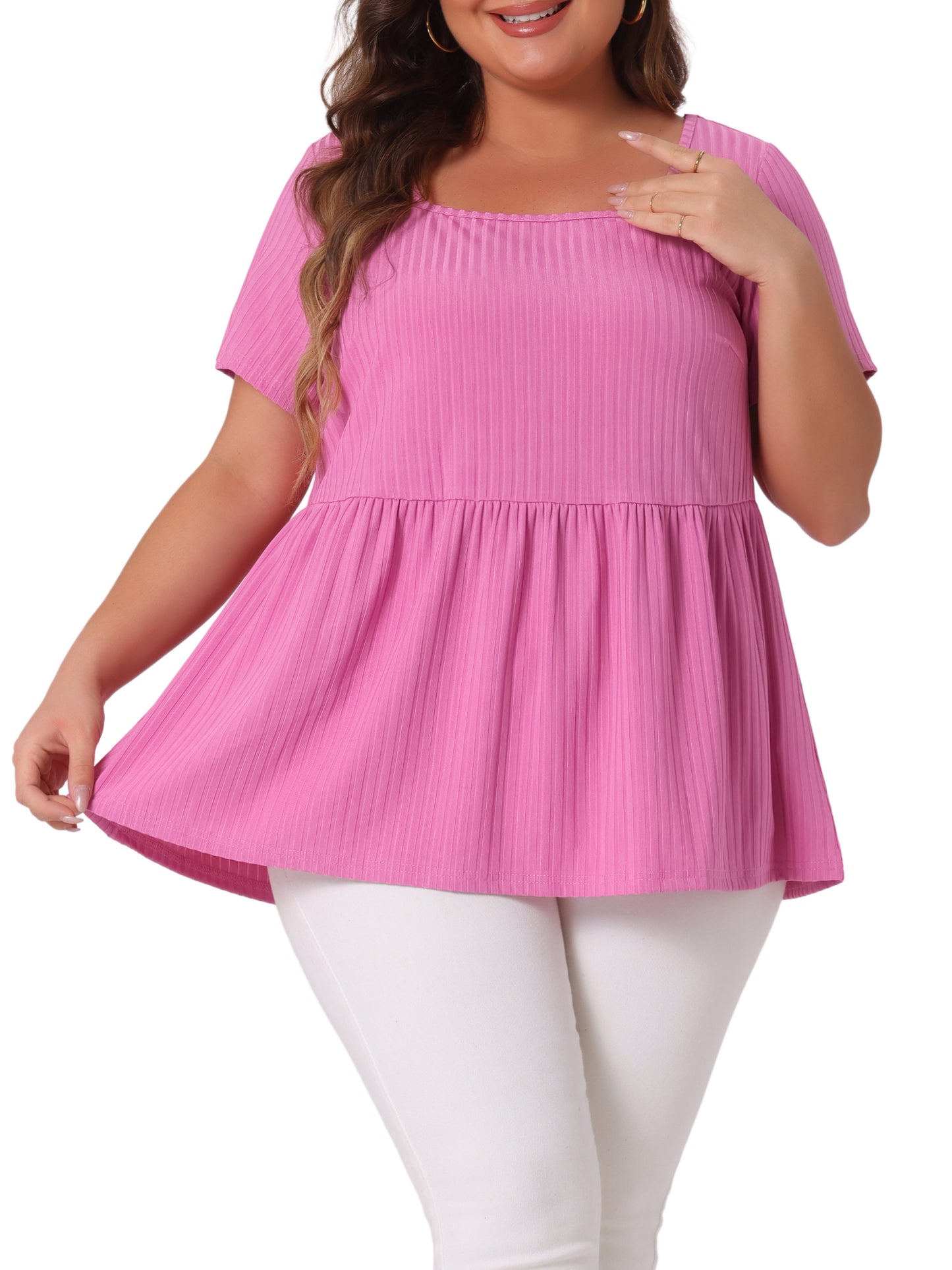 Women's Plus Size Tee Shirts Square Neck Textured Printed Peplum Summer Short Sleeve Top