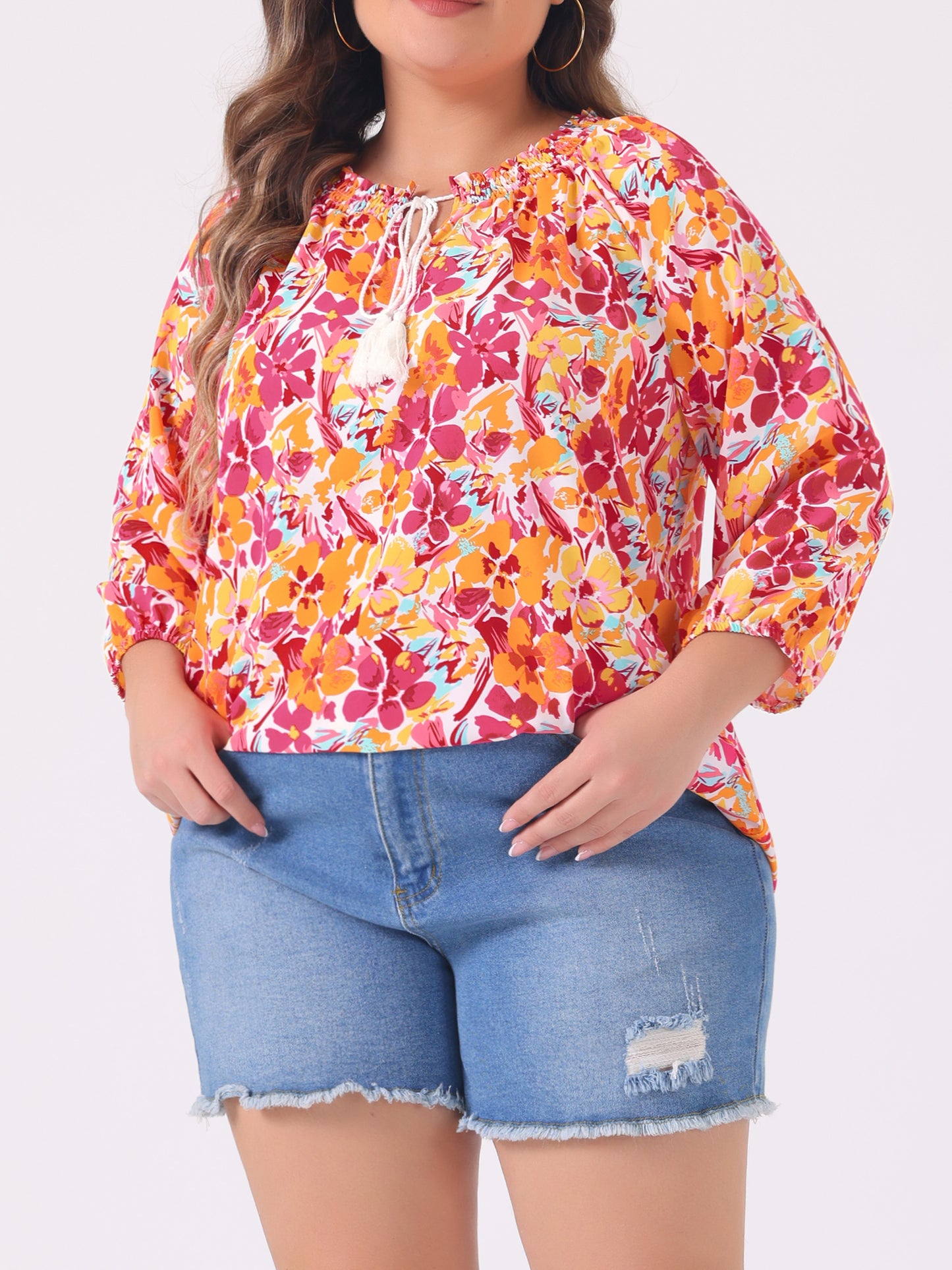 Women's Casual Plus Size Boho Floral Loose Tops Tie 3/4 Sleeve Beach Tunic Blouse