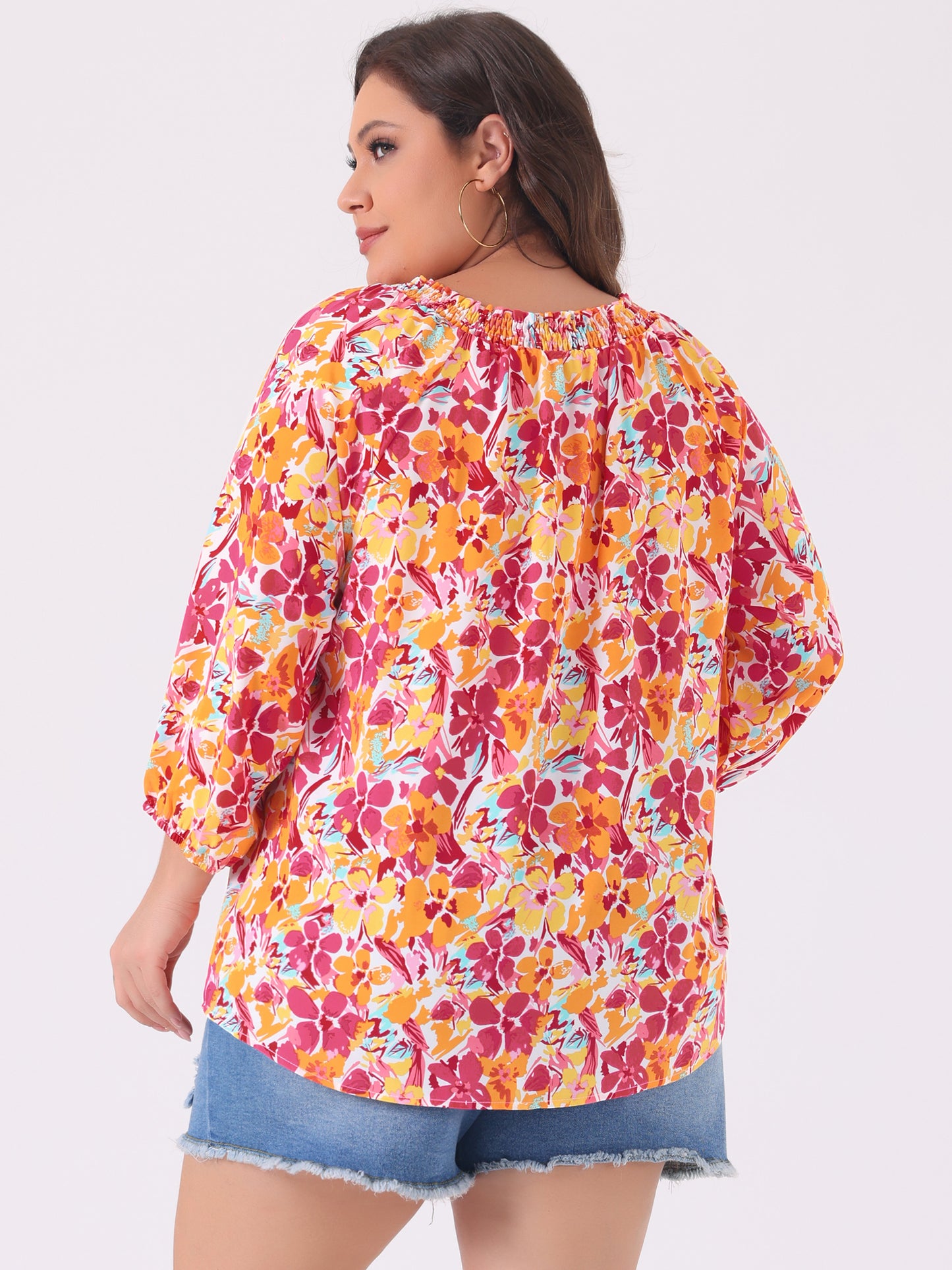 Women's Casual Plus Size Boho Floral Loose Tops Tie 3/4 Sleeve Beach Tunic Blouse