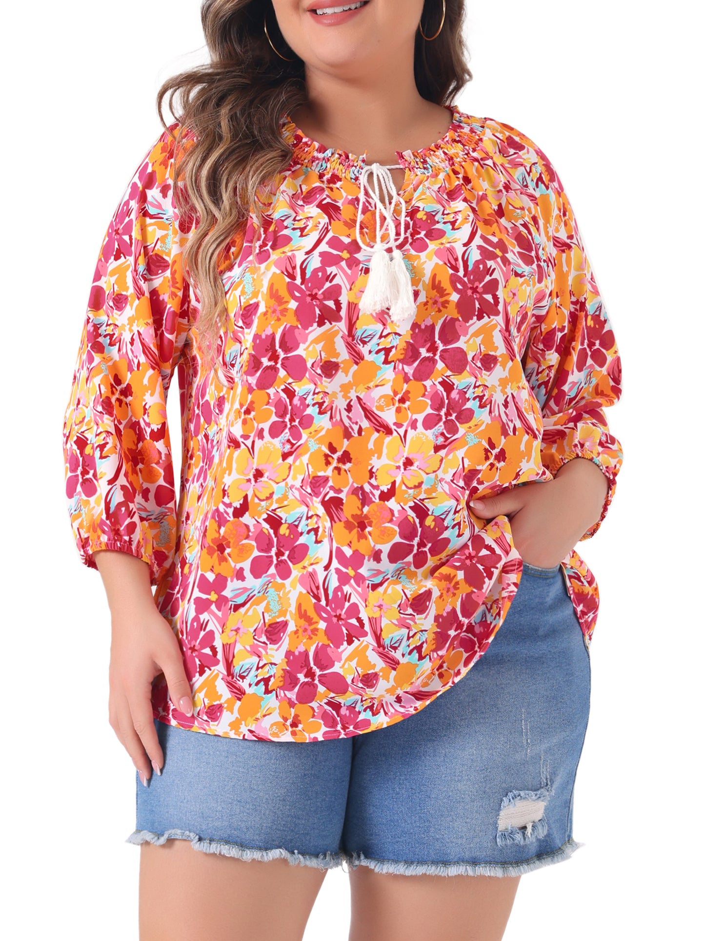 Women's Casual Plus Size Boho Floral Loose Tops Tie 3/4 Sleeve Beach Tunic Blouse