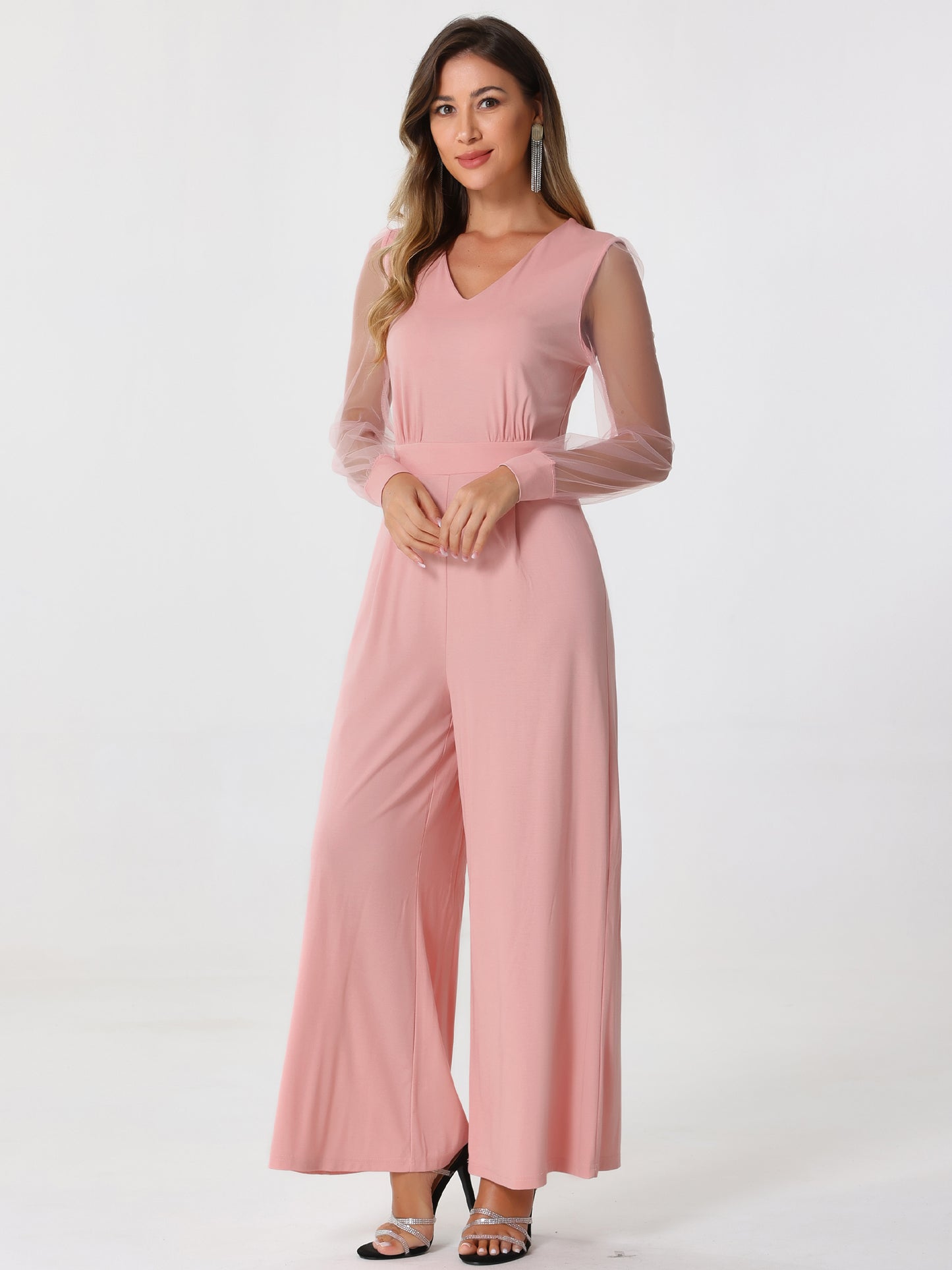 Women's Elegant V Neck Mesh Long Sleeve Loose Wide Leg Romper Cocktail Jumpsuits