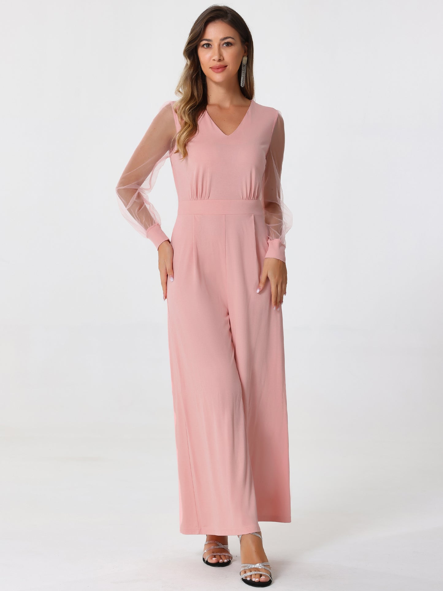 Women's Elegant V Neck Mesh Long Sleeve Loose Wide Leg Romper Cocktail Jumpsuits