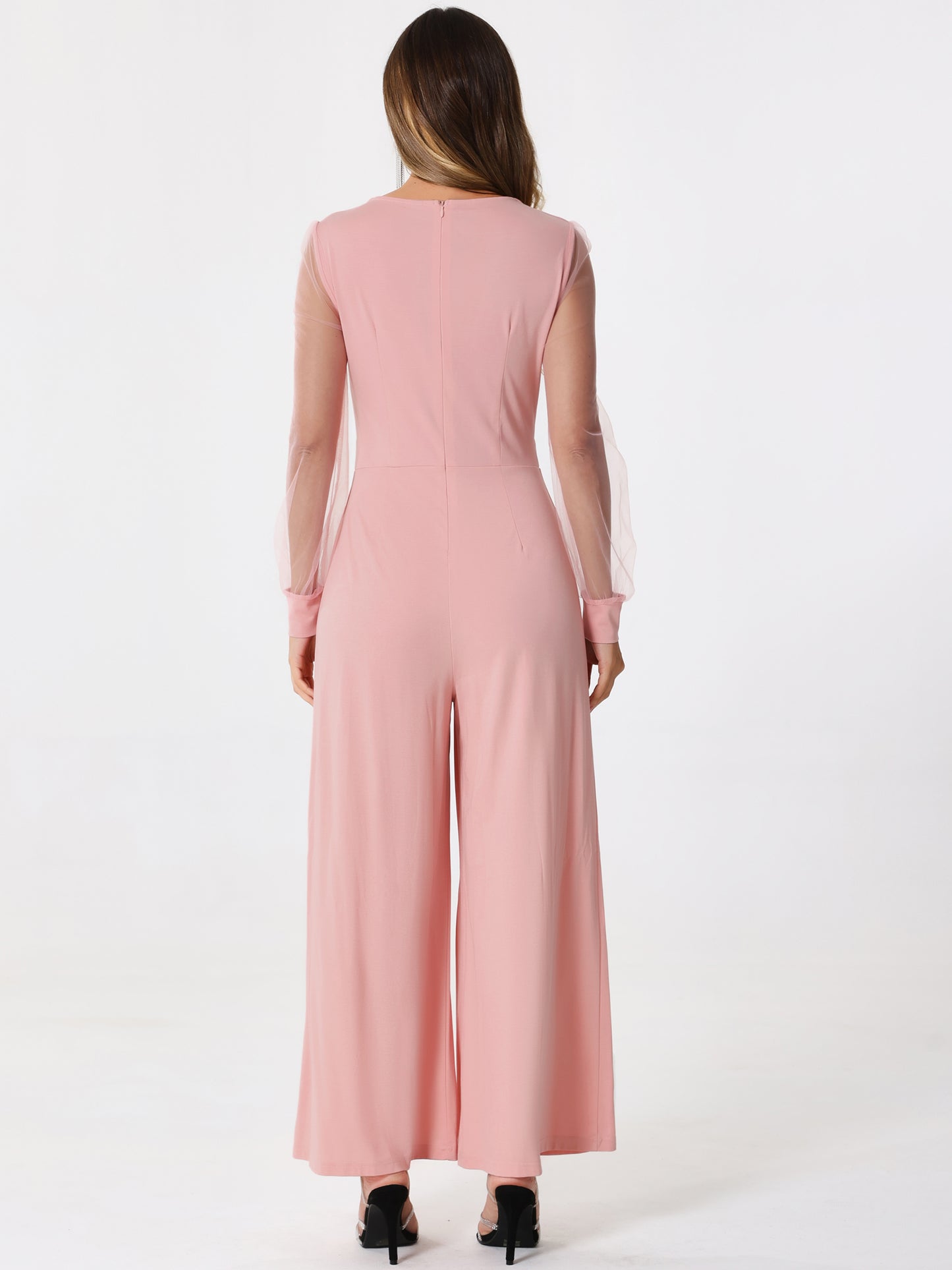 Women's Elegant V Neck Mesh Long Sleeve Loose Wide Leg Romper Cocktail Jumpsuits