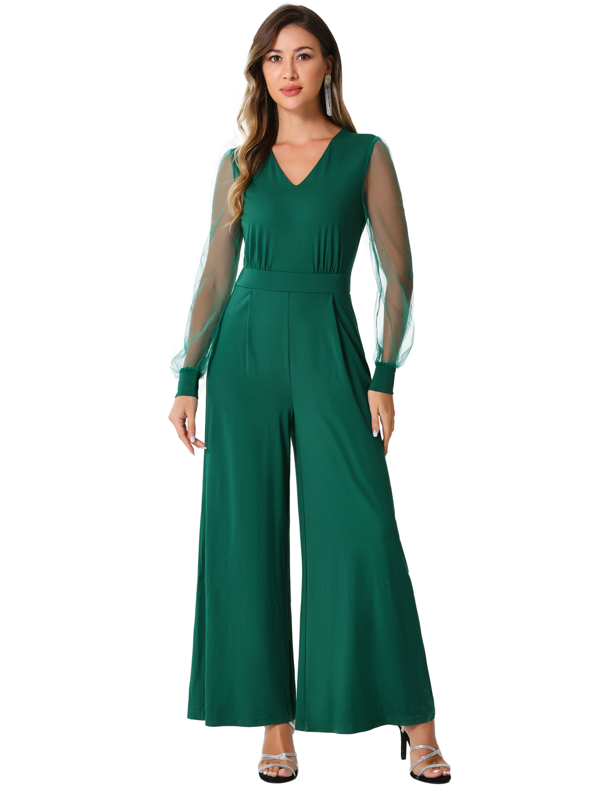 Women's Elegant V Neck Mesh Long Sleeve Loose Wide Leg Romper Cocktail Jumpsuits (Available in Plus Size)