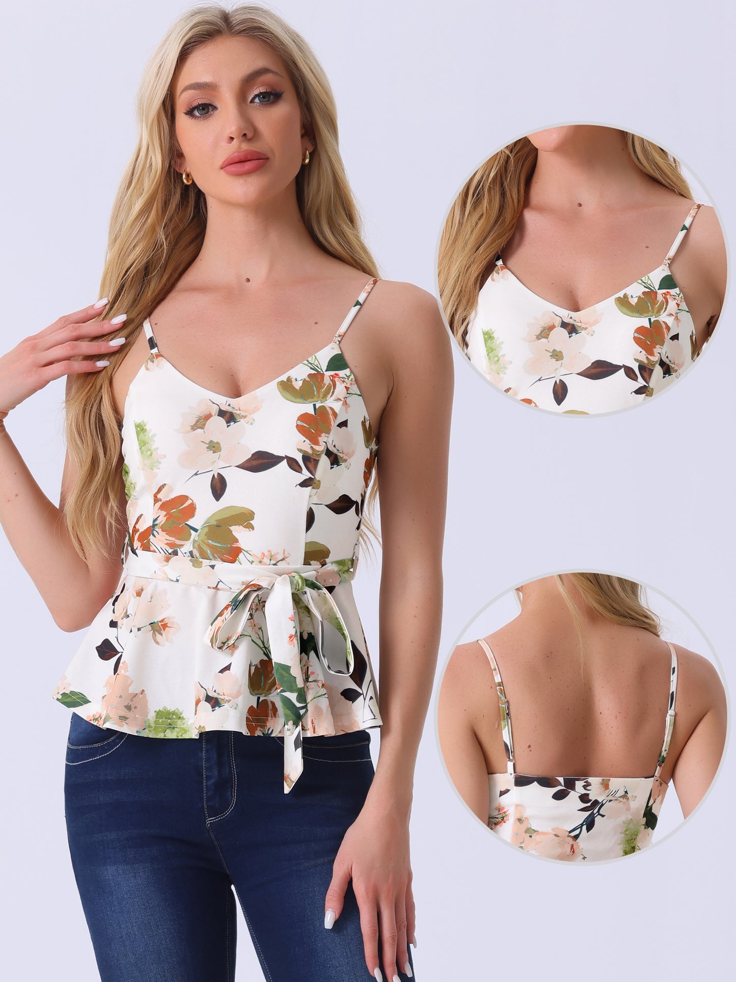 Women's Tank Top V Neck Tie Waist Peplum Floral Sleeveless Cami