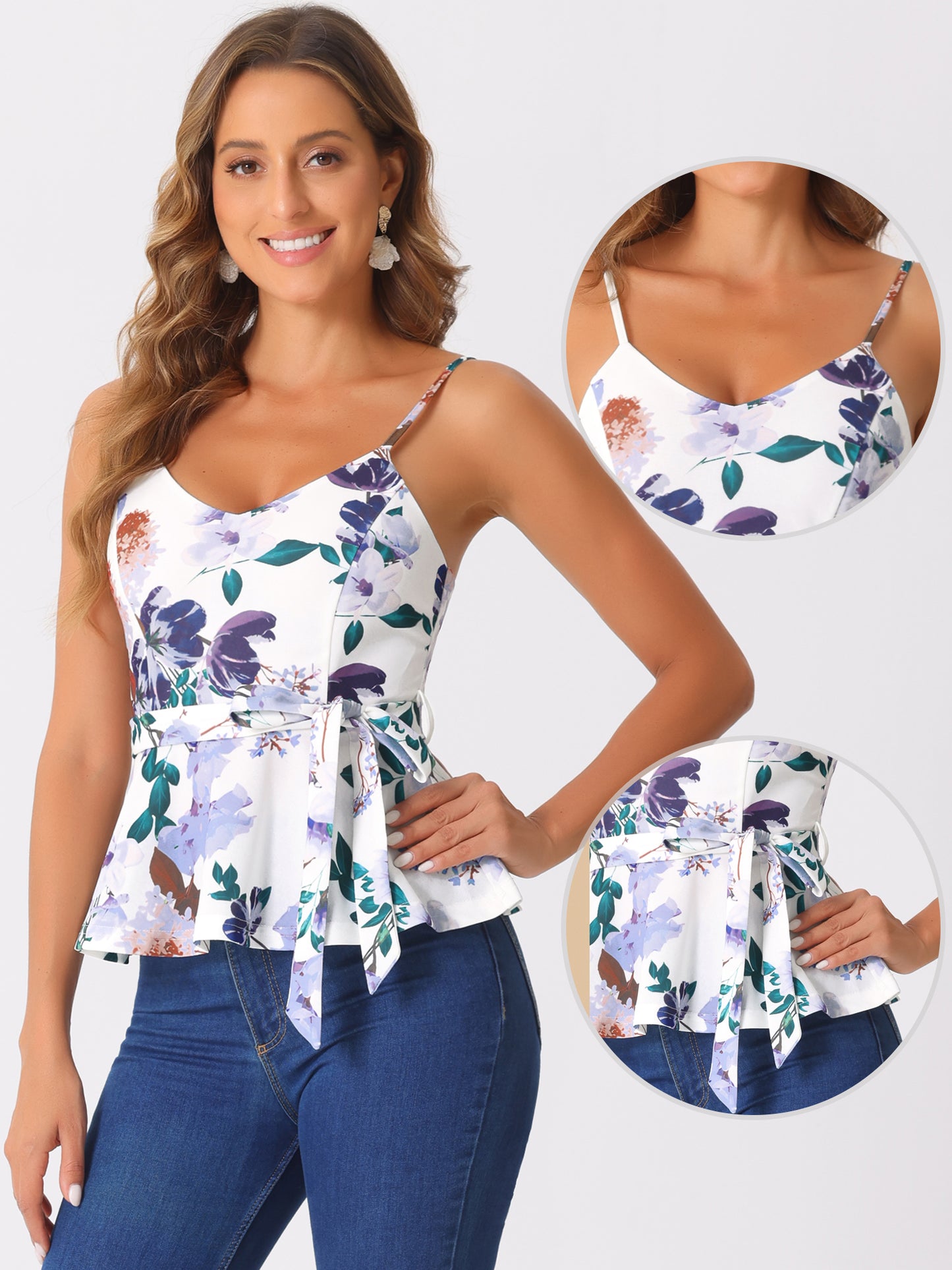 Women's Tank Top V Neck Tie Waist Peplum Floral Sleeveless Cami