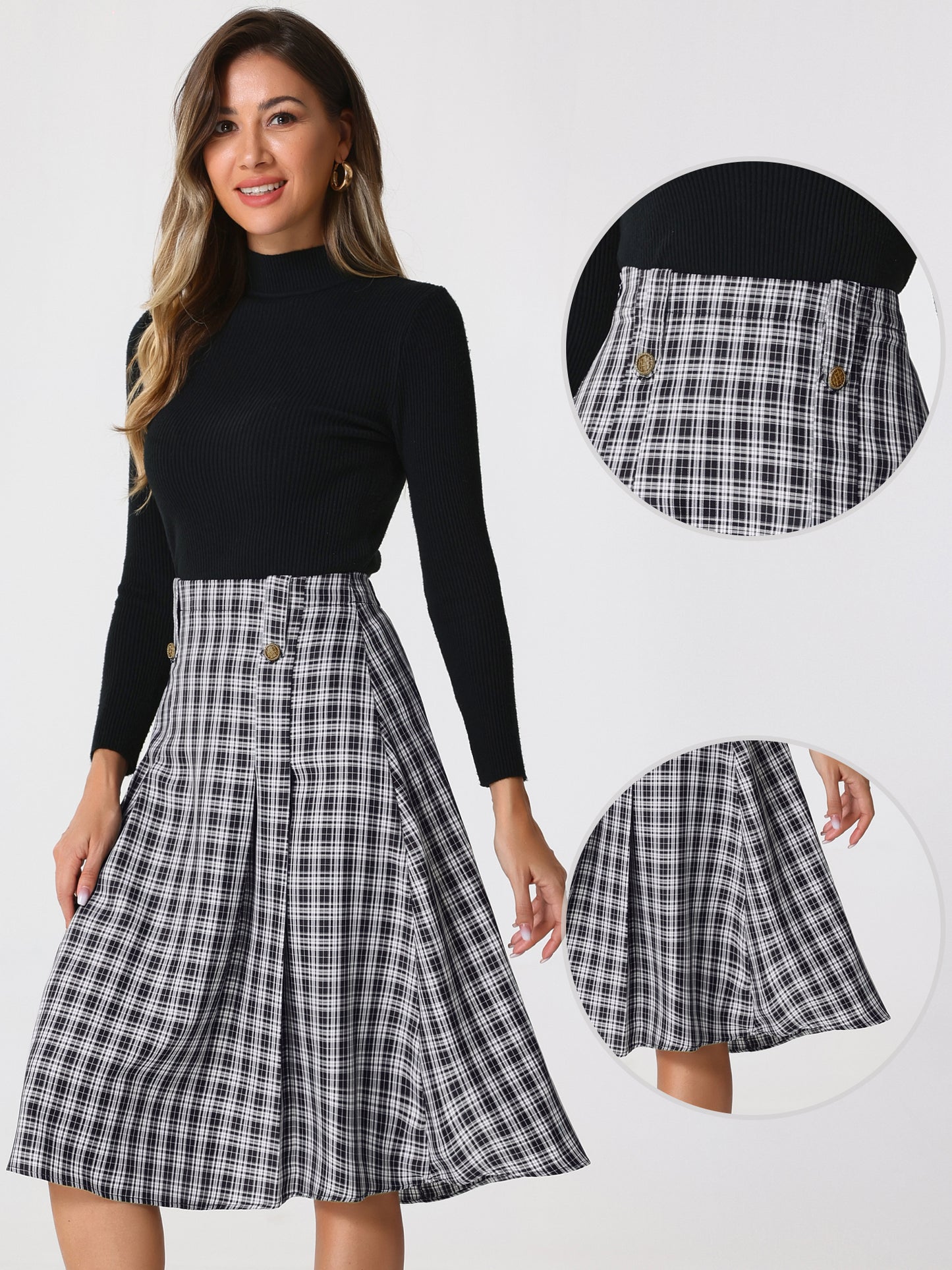 Faldas a cuadros vintage para mujer, falda midi plisada de cintura alta y corte A