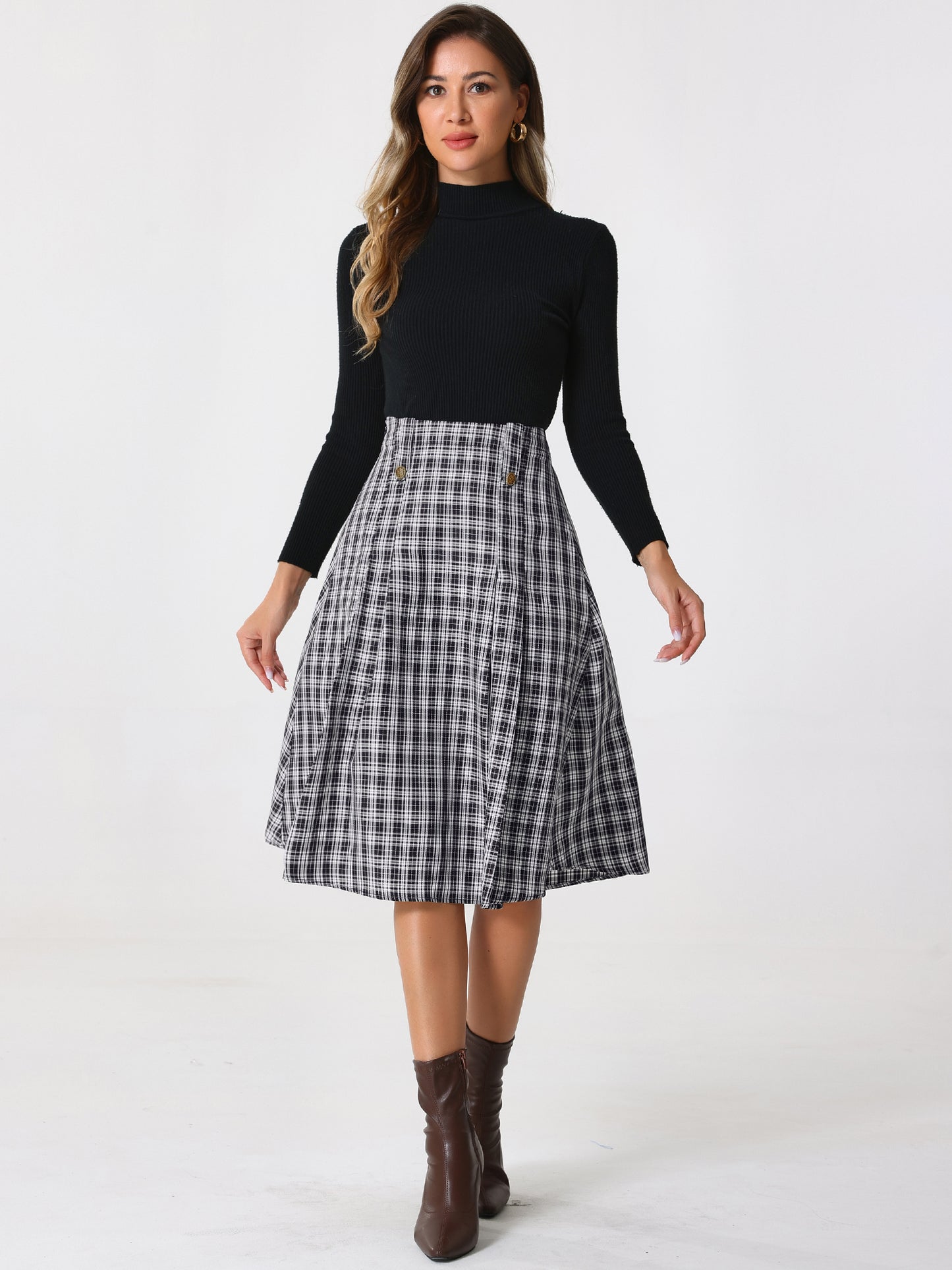 Faldas a cuadros vintage para mujer, falda midi plisada de cintura alta y corte A