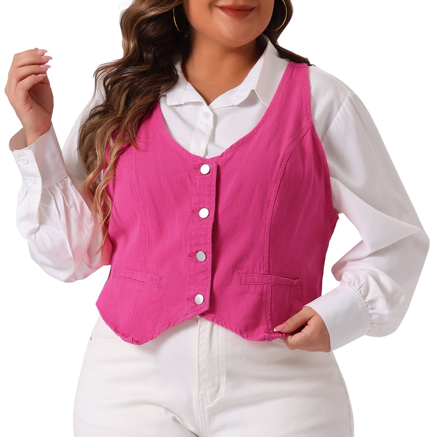 Women Plus Size Denim Vest Jean Top Button Down Waistcoat Casual Sleeveless Jacket