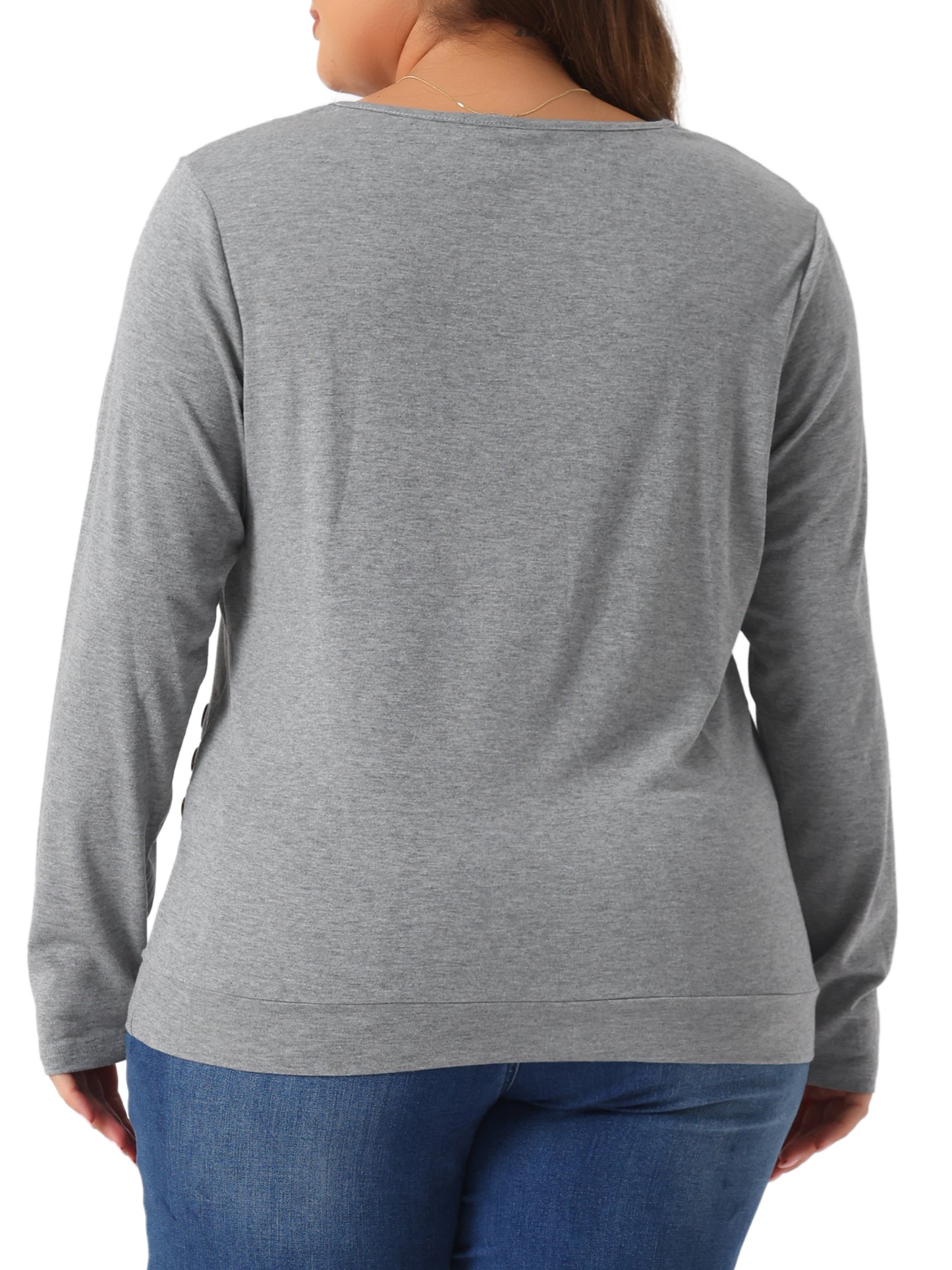 Women Plus Size Tunic Tops V Neck Long Sleeve Buttons Decor Ruched Casual Pullover