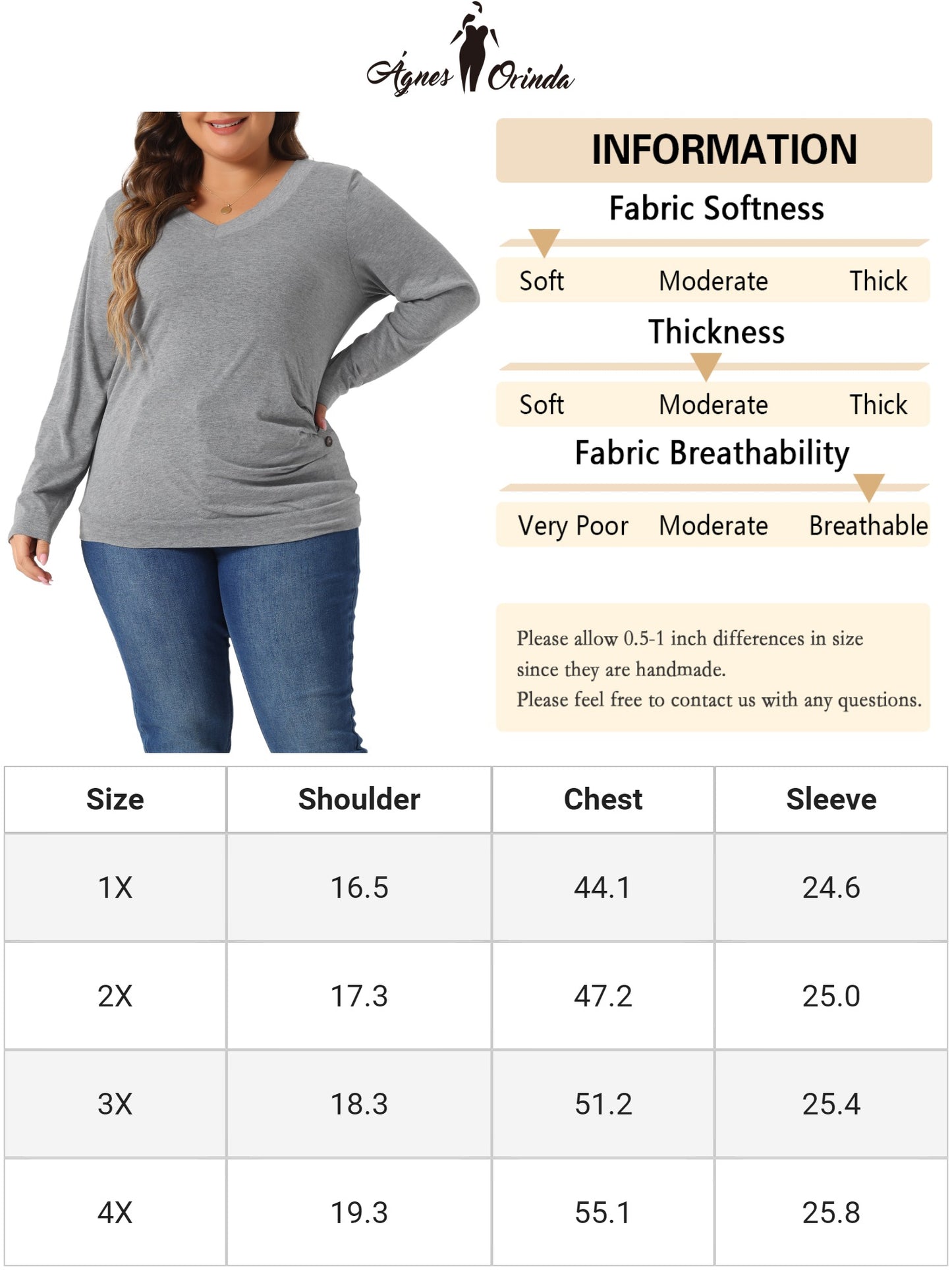 Women Plus Size Tunic Tops V Neck Long Sleeve Buttons Decor Ruched Casual Pullover