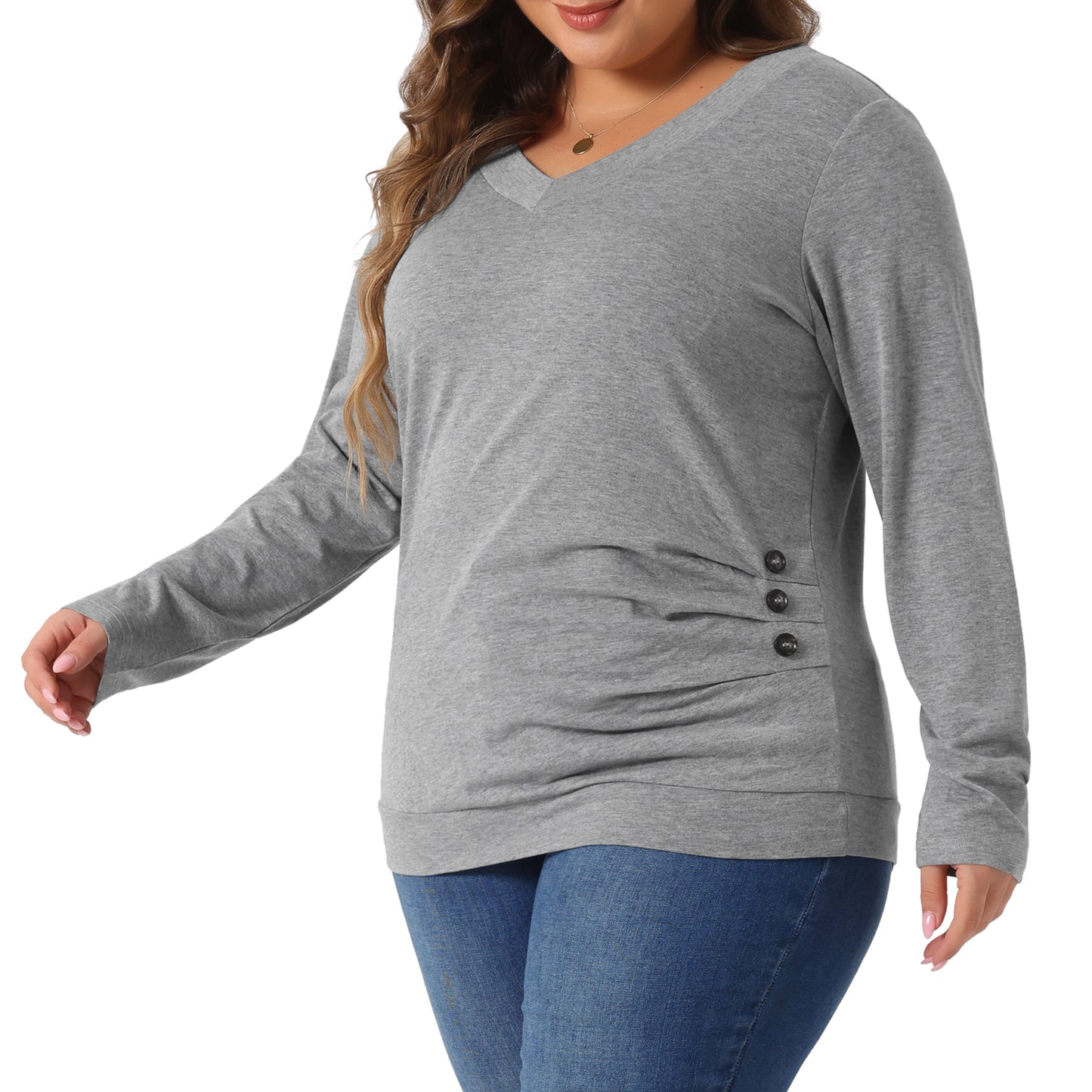 Women Plus Size Tunic Tops V Neck Long Sleeve Buttons Decor Ruched Casual Pullover