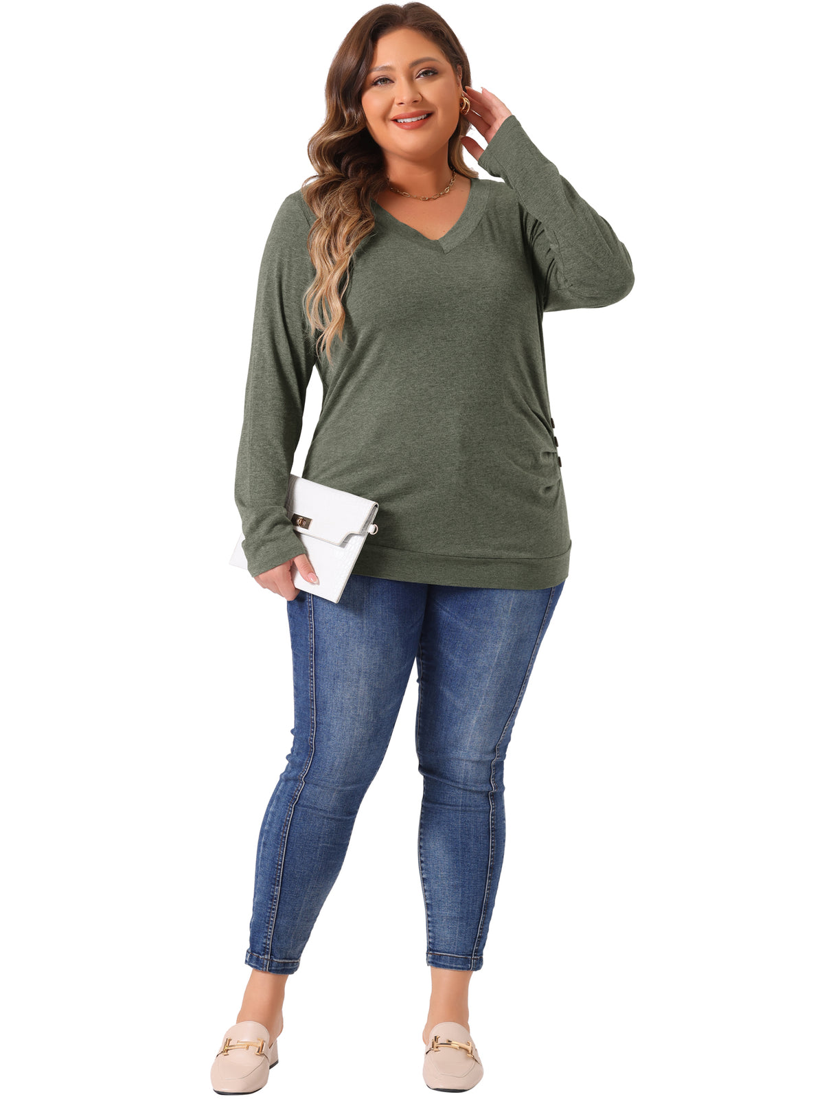 Women Plus Size Tunic Tops V Neck Long Sleeve Buttons Decor Ruched Casual Pullover