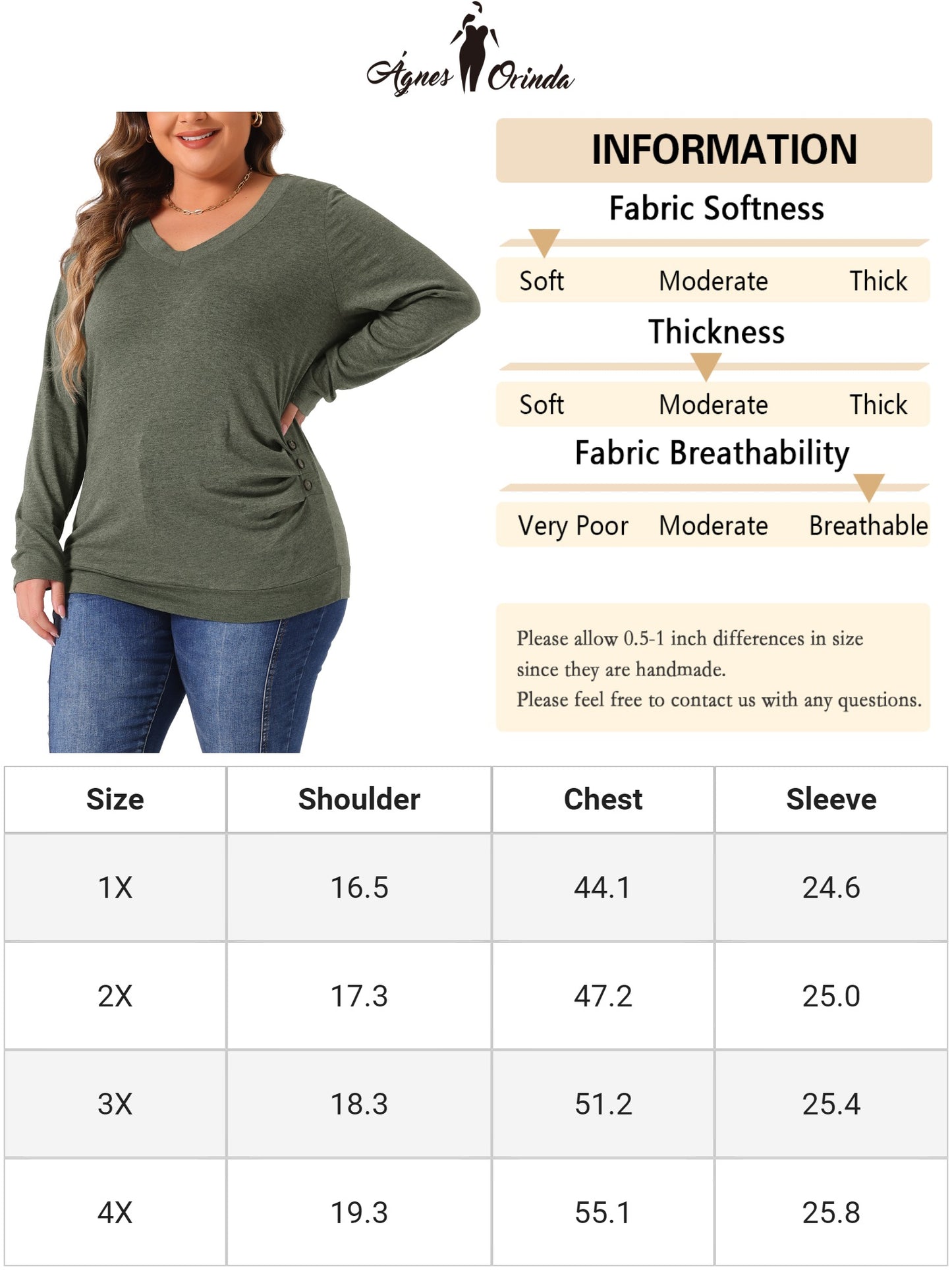 Women Plus Size Tunic Tops V Neck Long Sleeve Buttons Decor Ruched Casual Pullover