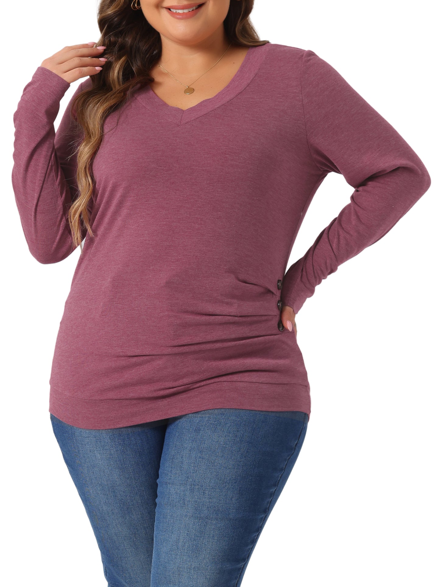 Women Plus Size Tunic Tops V Neck Long Sleeve Buttons Decor Ruched Casual Pullover