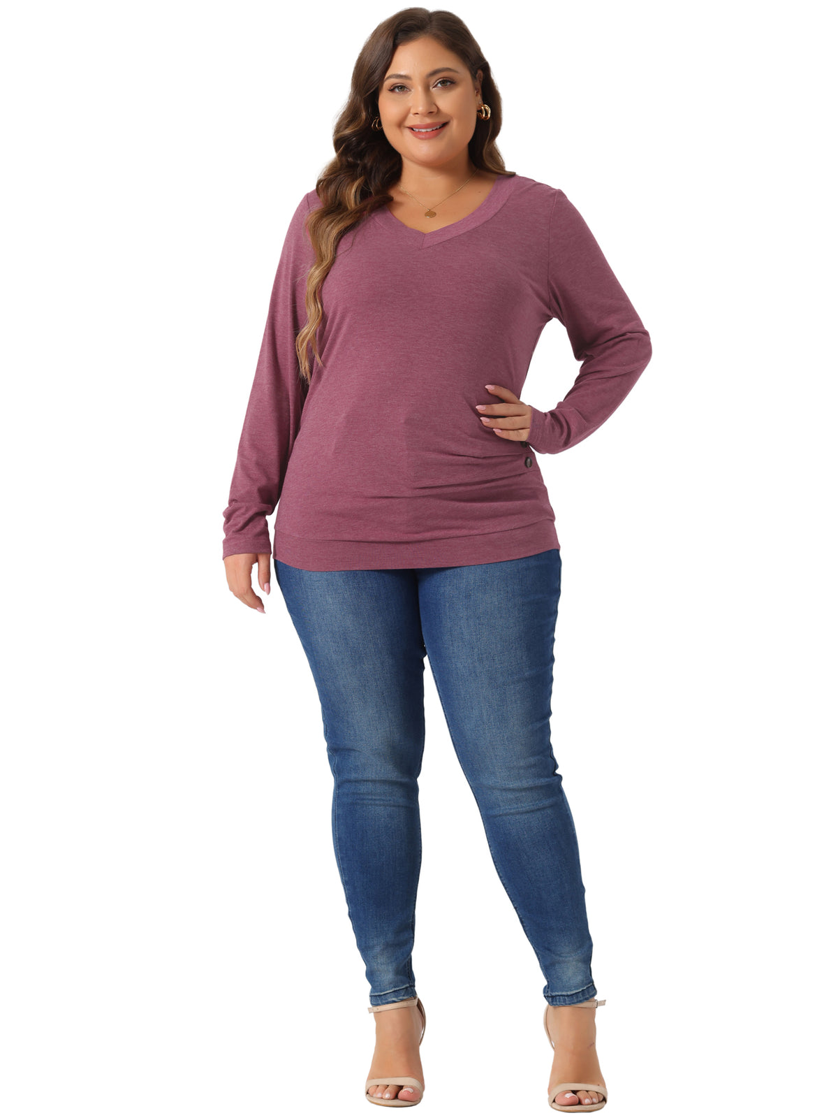 Women Plus Size Tunic Tops V Neck Long Sleeve Buttons Decor Ruched Casual Pullover