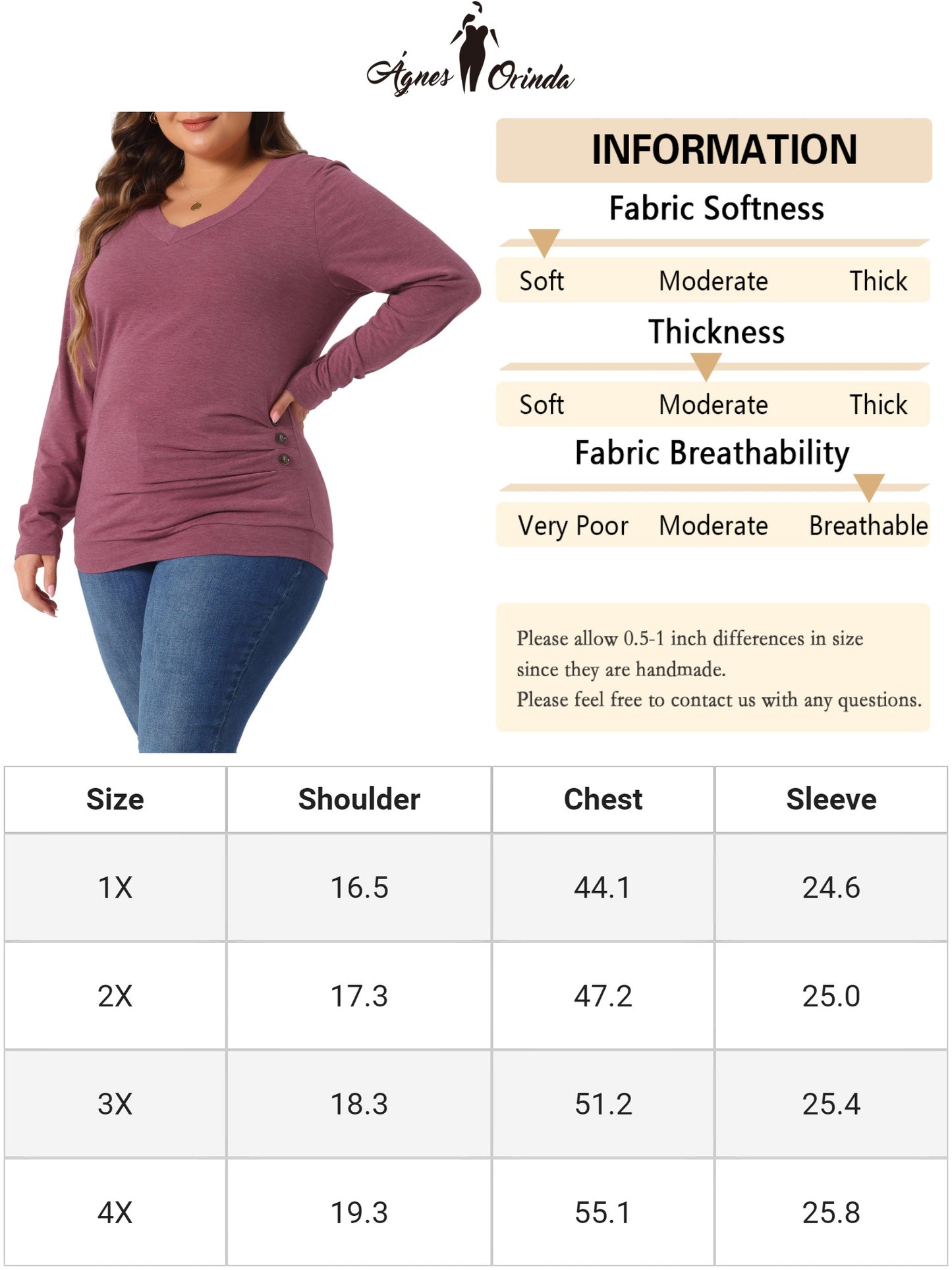 Women Plus Size Tunic Tops V Neck Long Sleeve Buttons Decor Ruched Casual Pullover