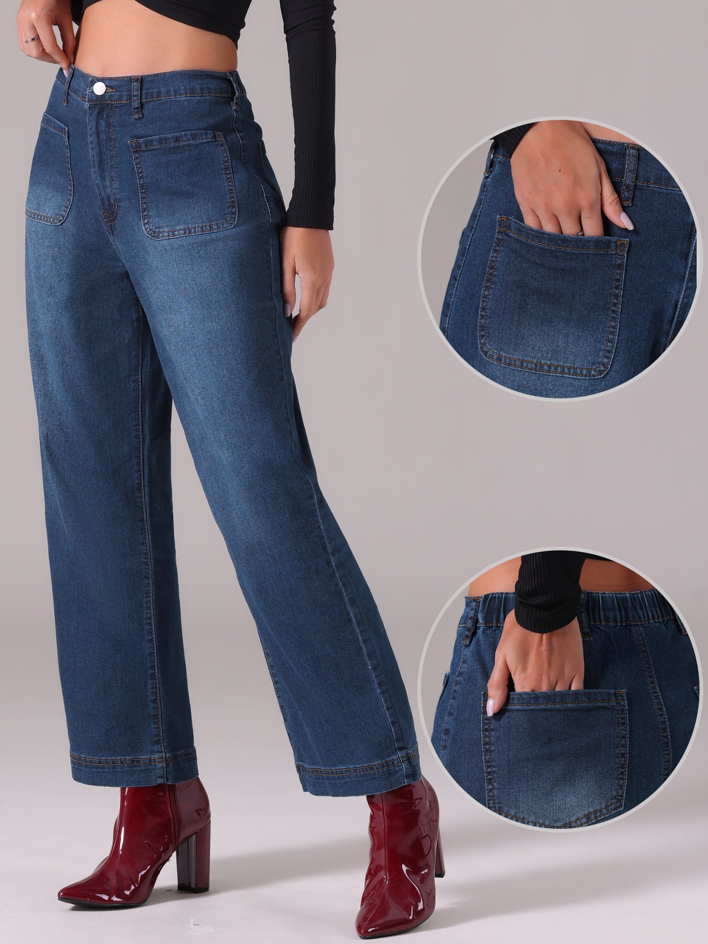 Pantalones vaqueros de pierna ancha para mujer, de cintura alta, elásticos, rectos y holgados con botones.