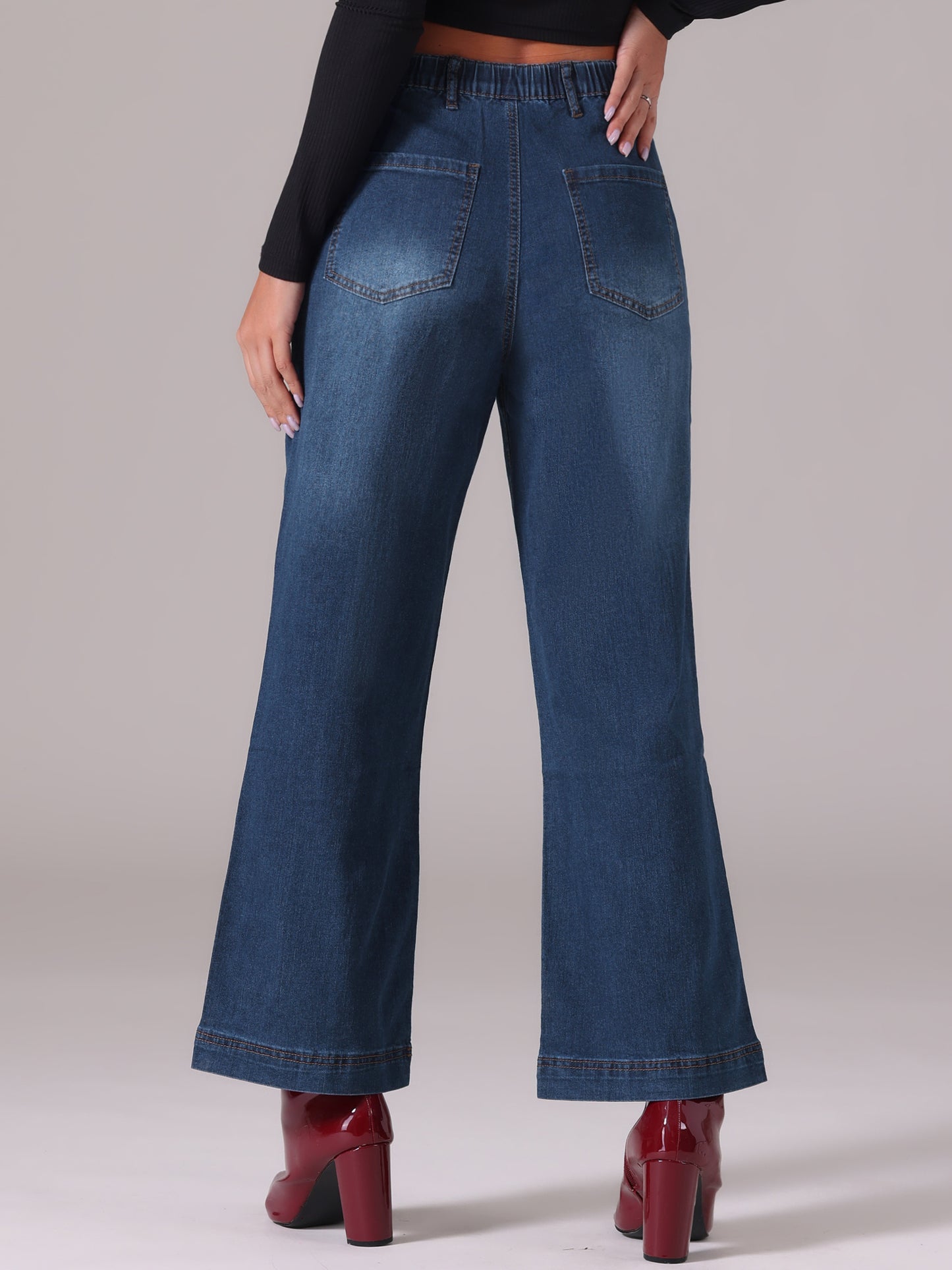Pantalones vaqueros de pierna ancha para mujer, de cintura alta, elásticos, rectos y holgados con botones.