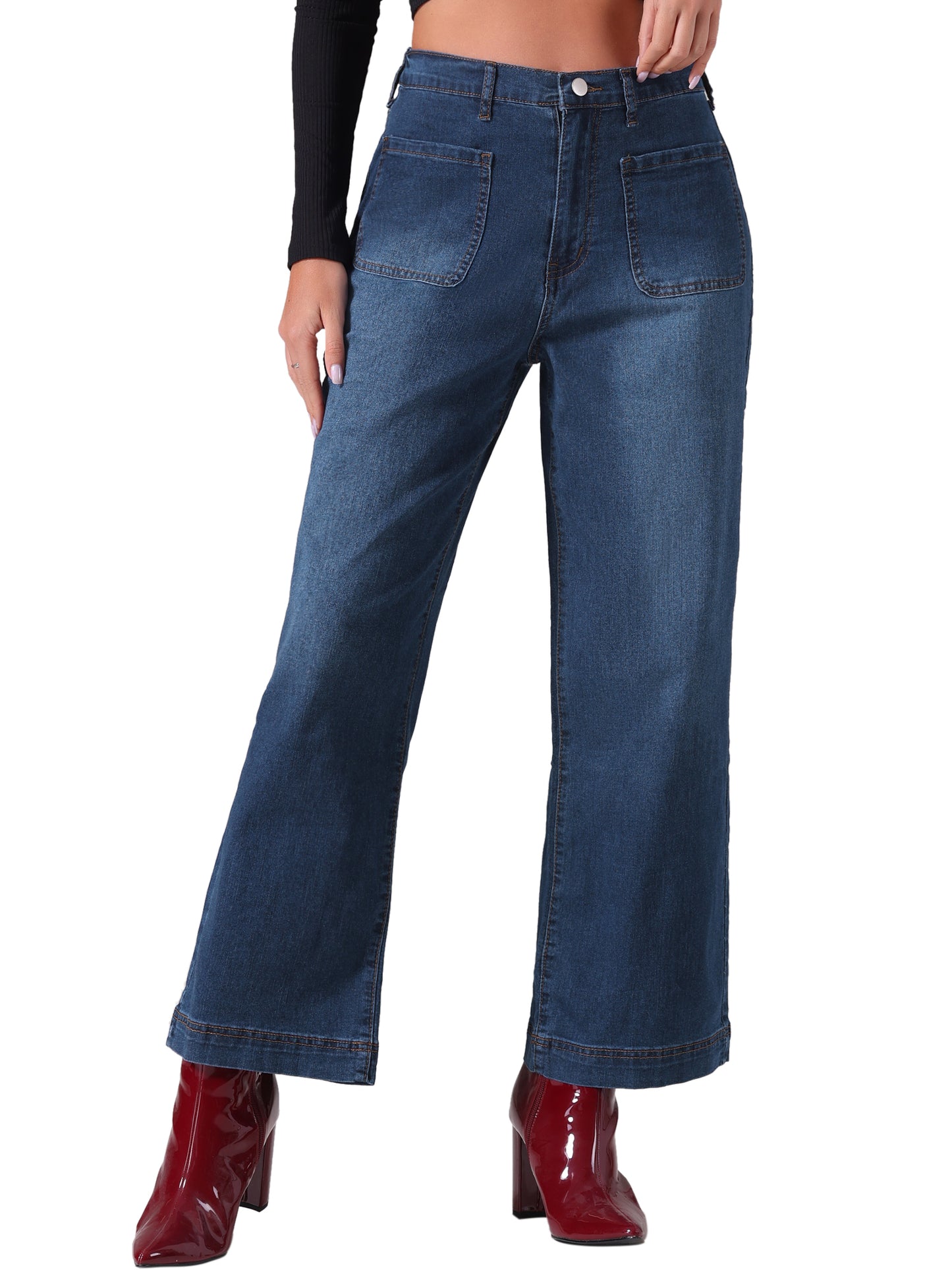 Pantalones vaqueros de pierna ancha para mujer, de cintura alta, elásticos, rectos y holgados con botones.