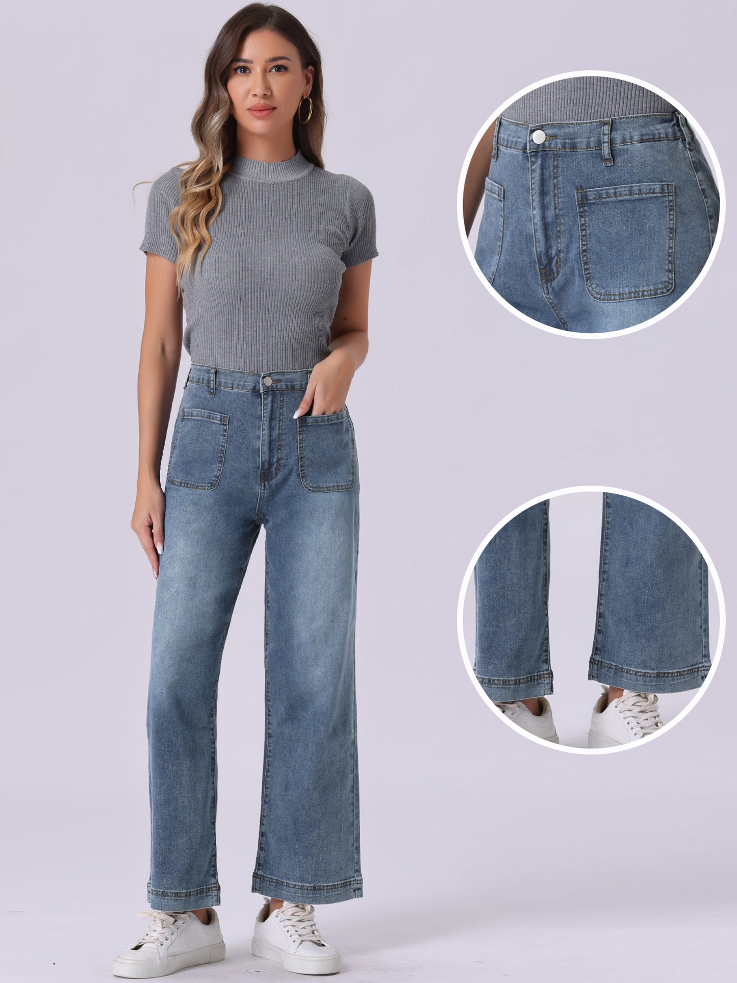 Women's Wide Leg Jeans High Waisted Stretchy Straight Leg Jeans Buttoned Loose Denim Pants